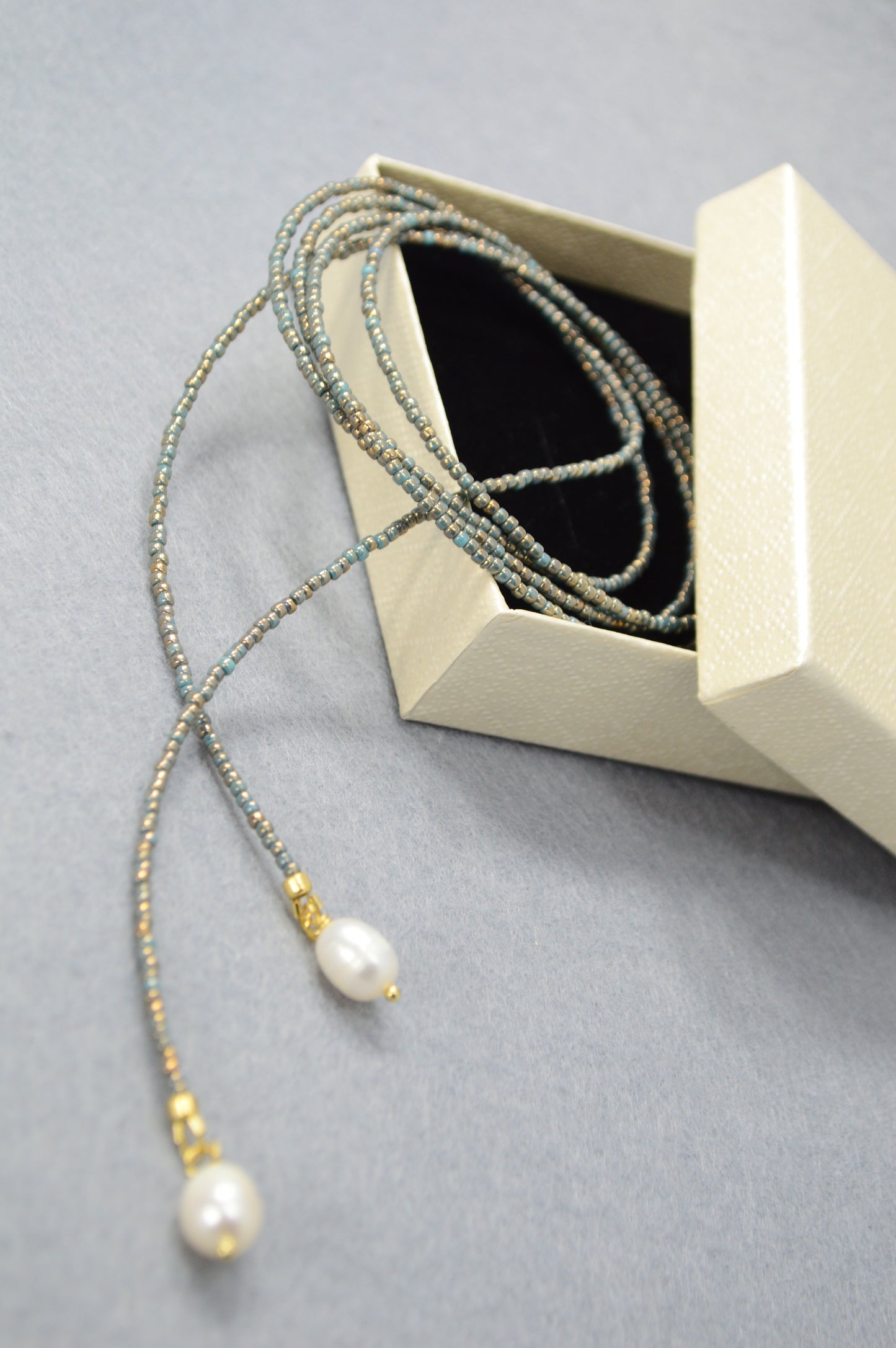 Dusty Blue Pearl Tie Necklace – Minimal Beaded Lariat, Wrap Necktie Jewelry