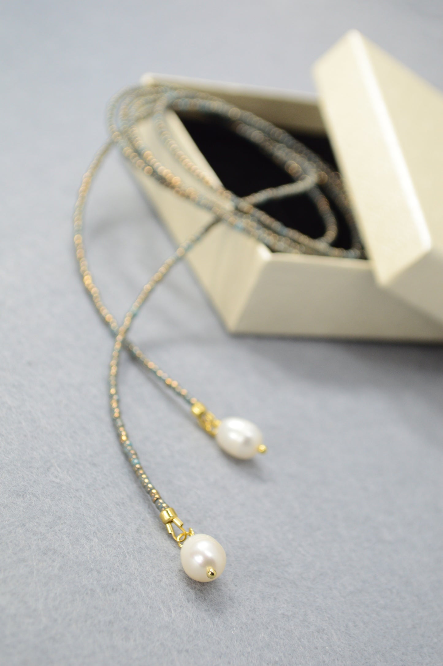 Dusty Blue Pearl Tie Necklace – Minimal Beaded Lariat, Wrap Necktie Jewelry