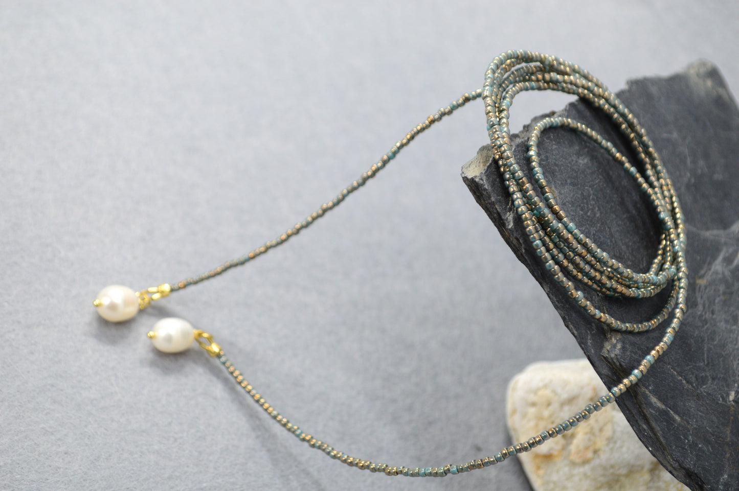 Dusty Blue Pearl Tie Necklace – Minimal Beaded Lariat, Wrap Necktie Jewelry