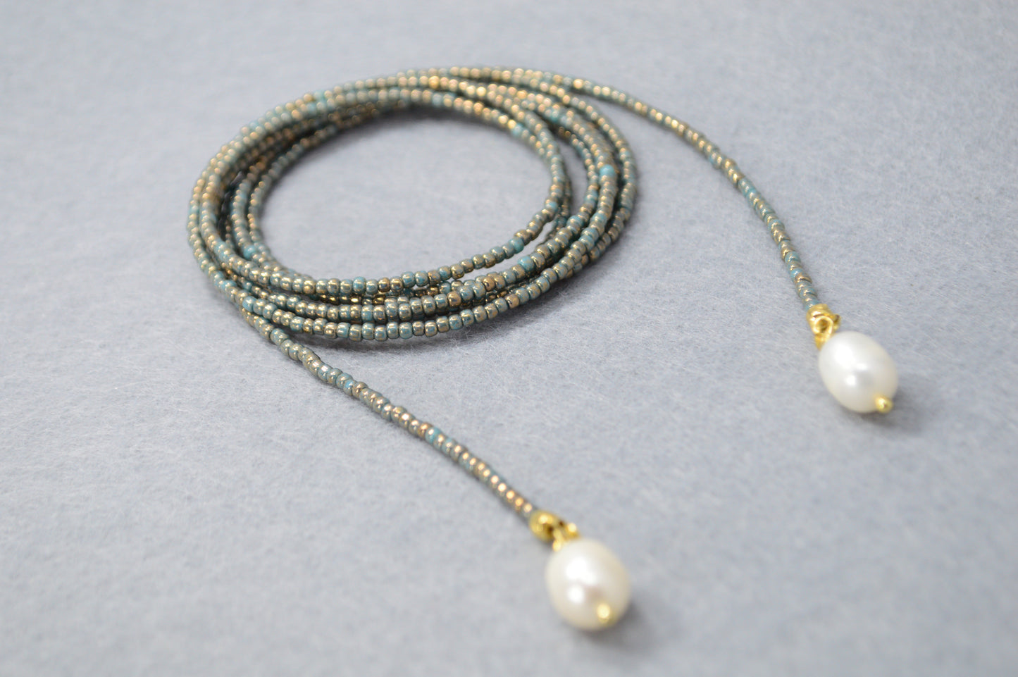 Dusty Blue Pearl Tie Necklace – Minimal Beaded Lariat, Wrap Necktie Jewelry