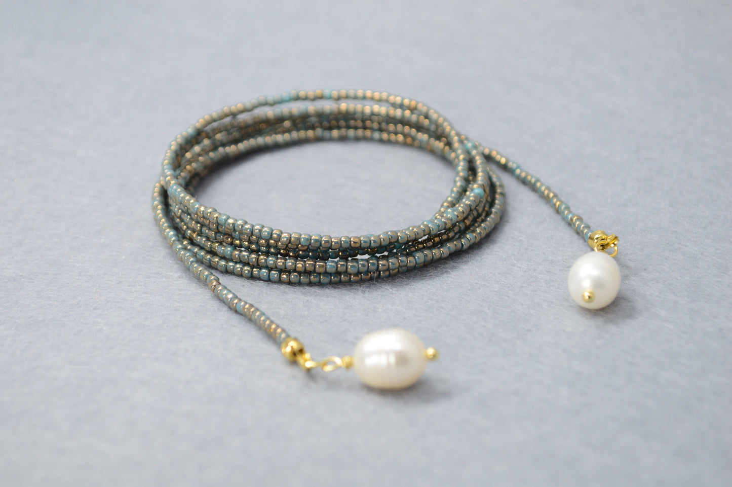 Dusty Blue Pearl Tie Necklace – Minimal Beaded Lariat, Wrap Necktie Jewelry
