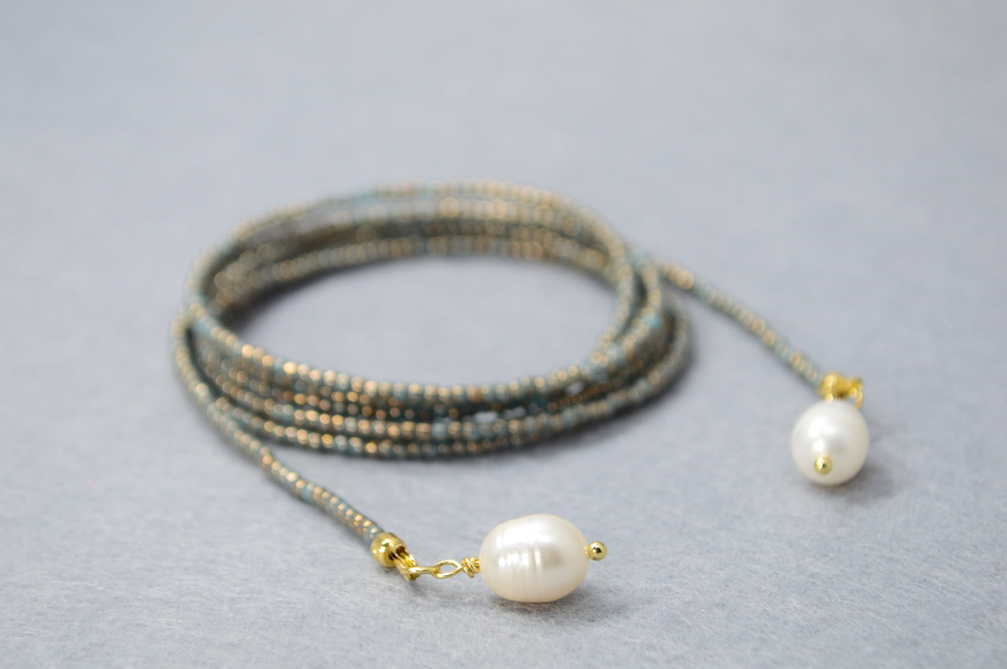 Dusty Blue Pearl Tie Necklace – Minimal Beaded Lariat, Wrap Necktie Jewelry