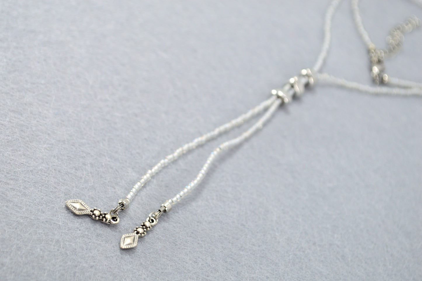 White Seed Bead Y Necklace, Adjustable Lariat Necklace, Minimalist Beaded Necklace, Handmade Layering Jewelry, Delicate Gift for Her