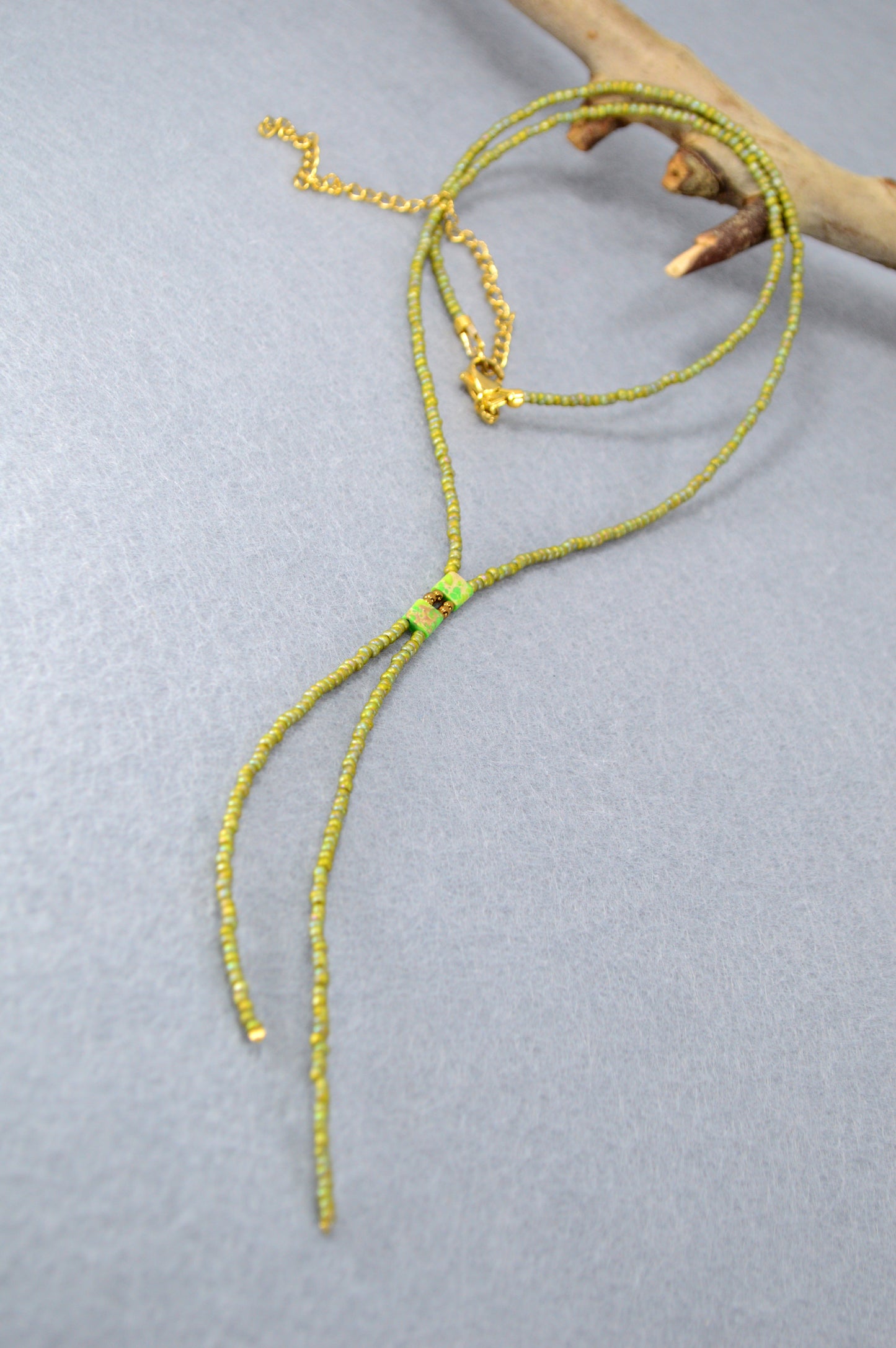 Olive Green Beaded Lariat Necklace – Adjustable Minimalist Seed Bead Y Necklace