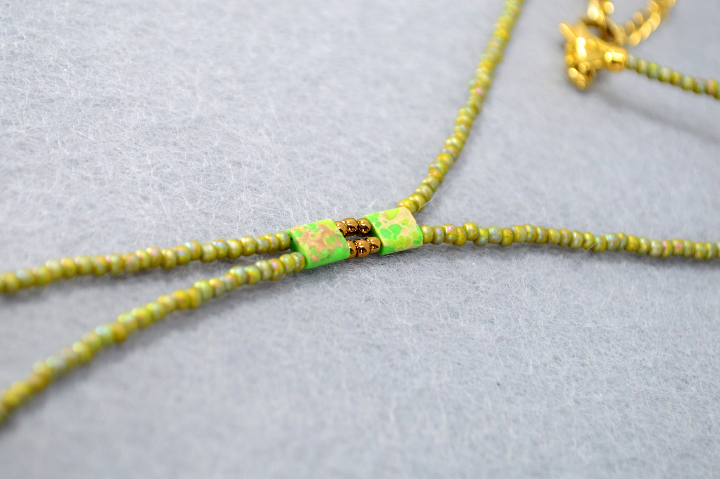 Olive Green Beaded Lariat Necklace – Adjustable Minimalist Seed Bead Y Necklace