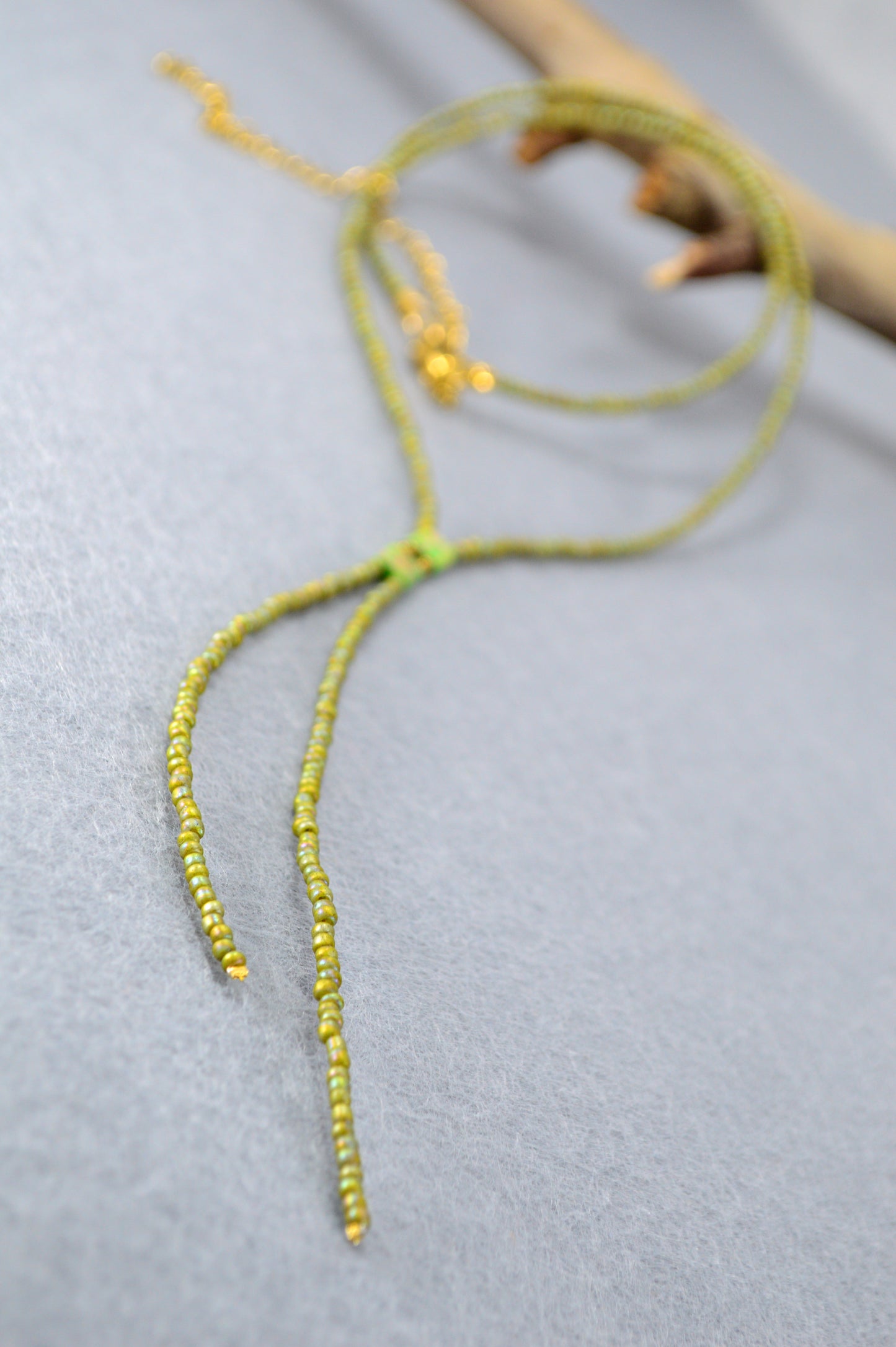 Olive Green Beaded Lariat Necklace – Adjustable Minimalist Seed Bead Y Necklace