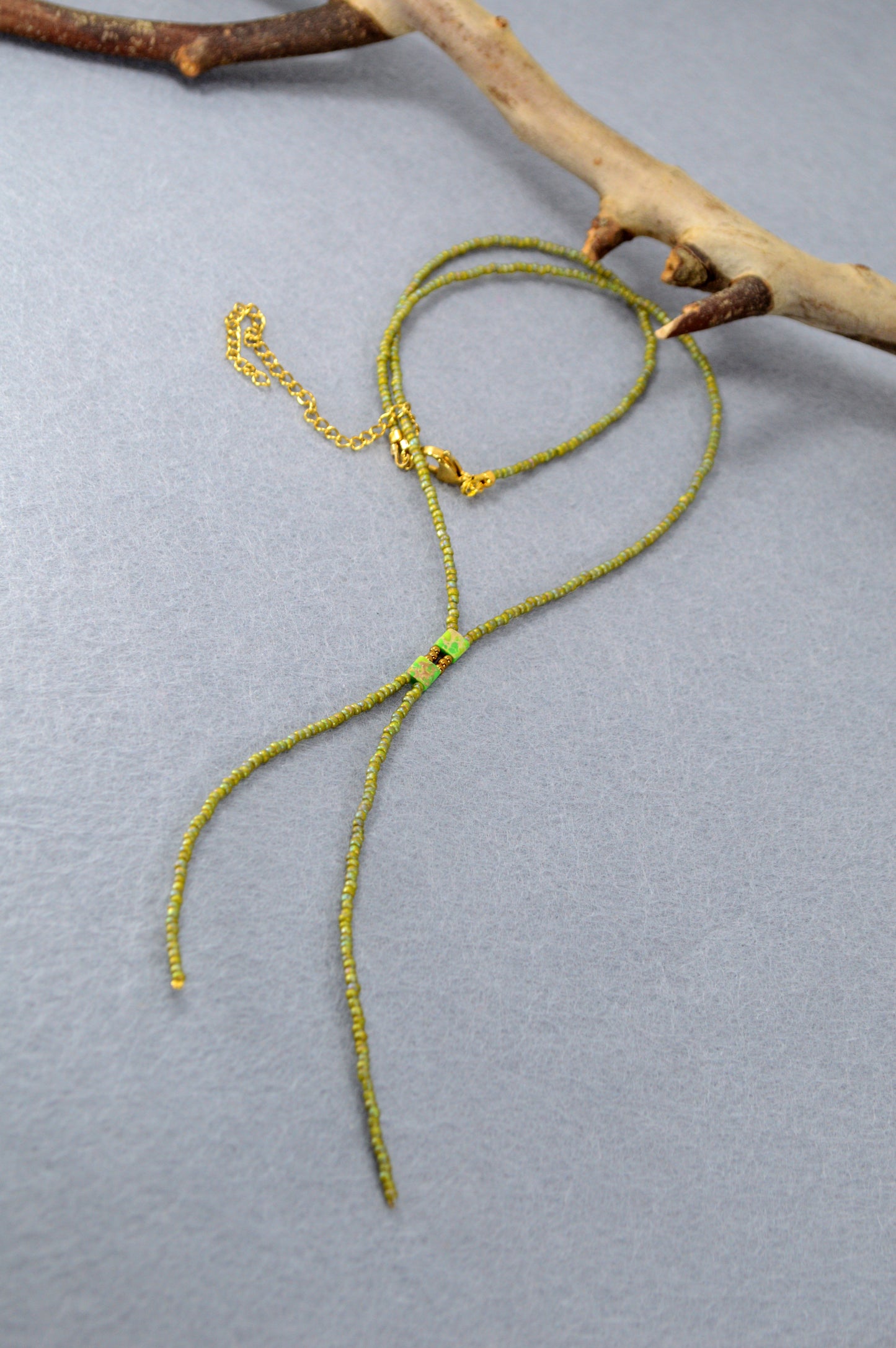 Olive Green Beaded Lariat Necklace – Adjustable Minimalist Seed Bead Y Necklace