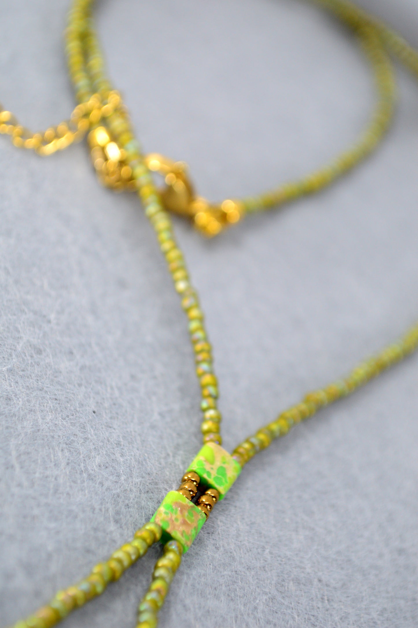 Olive Green Beaded Lariat Necklace – Adjustable Minimalist Seed Bead Y Necklace