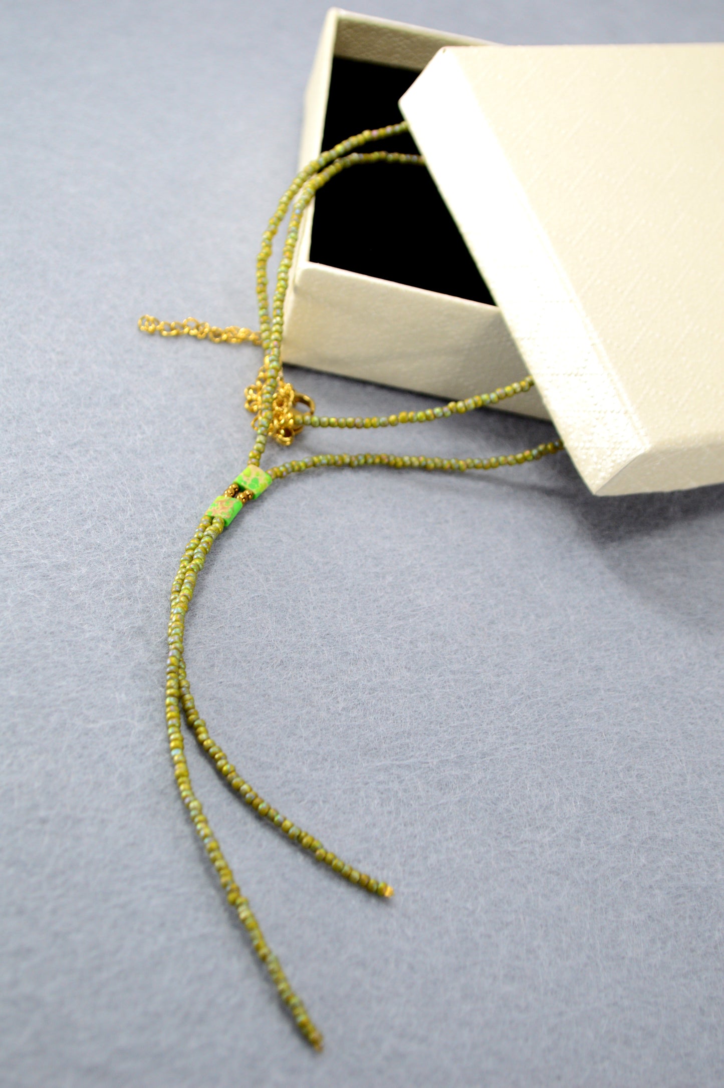 Olive Green Beaded Lariat Necklace – Adjustable Minimalist Seed Bead Y Necklace