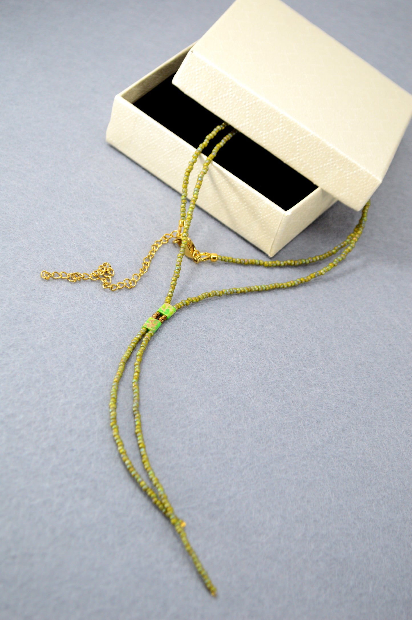Olive Green Beaded Lariat Necklace – Adjustable Minimalist Seed Bead Y Necklace