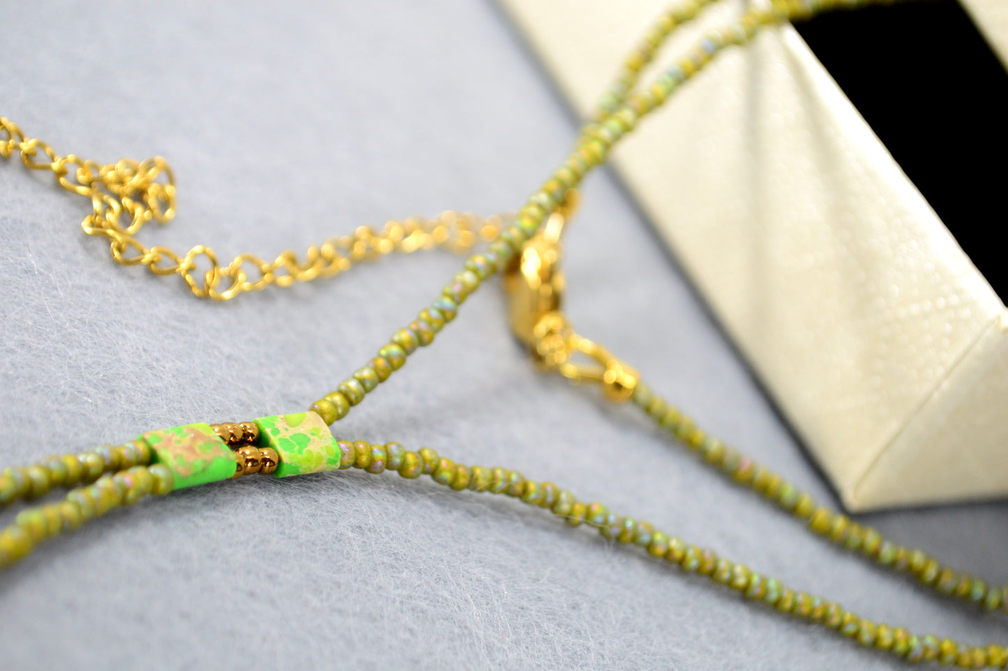 Olive Green Beaded Lariat Necklace – Adjustable Minimalist Seed Bead Y Necklace