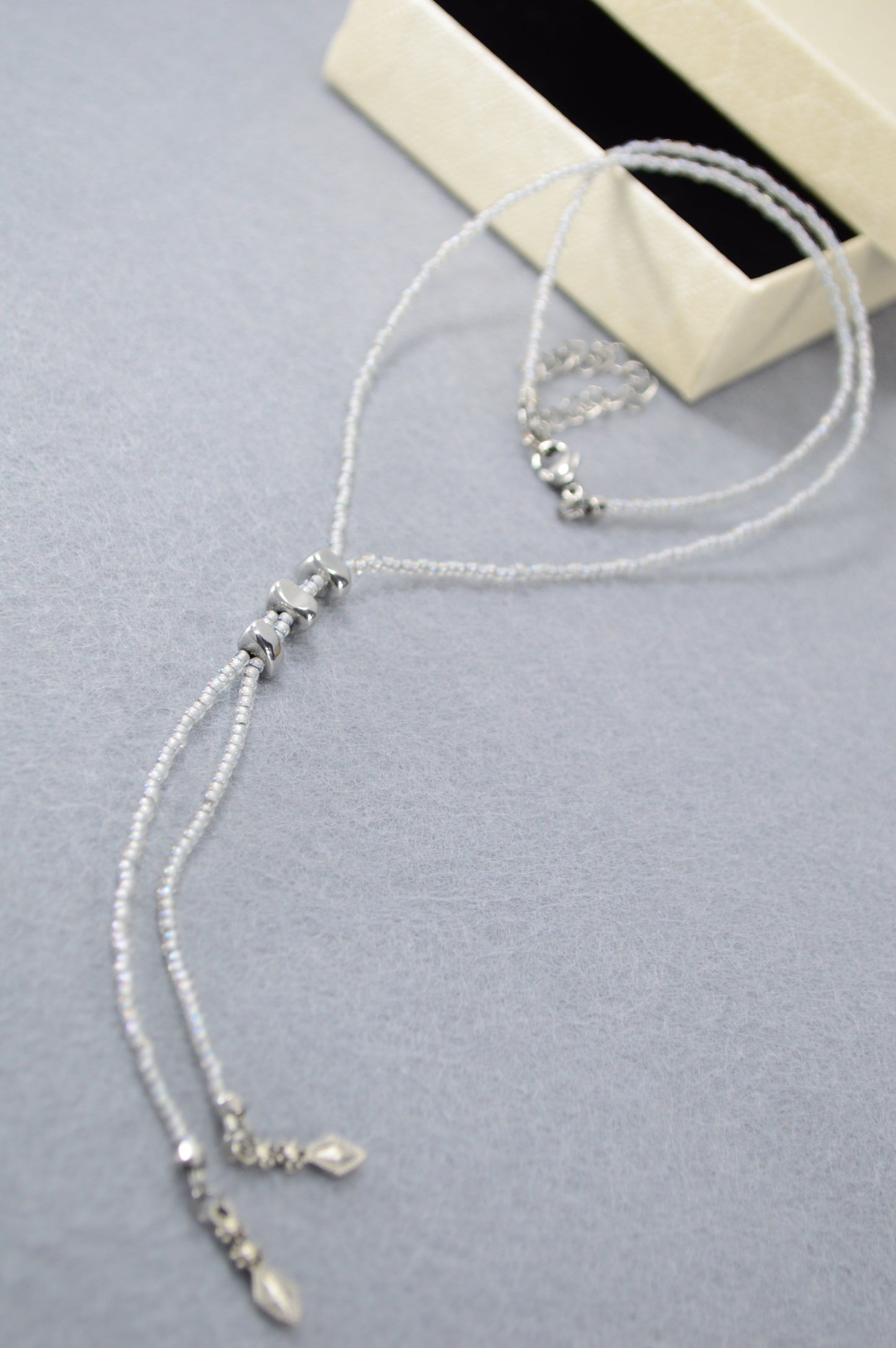 White Seed Bead Y Necklace, Adjustable Lariat Necklace, Minimalist Beaded Necklace, Handmade Layering Jewelry, Delicate Gift for Her