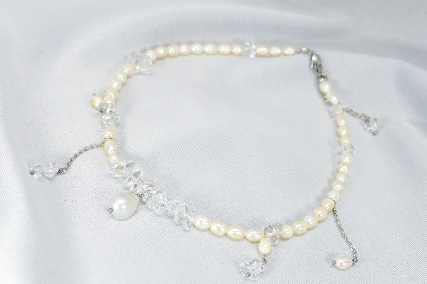 Freshwater Pearl & Clear Crystal Necklace – 17" Silver Stainless Steel Accent Chain