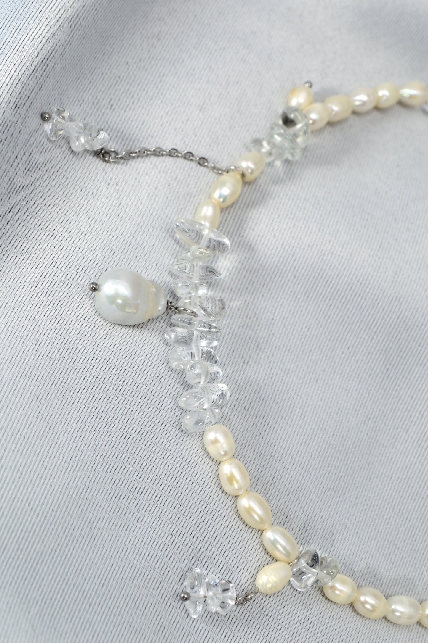 Freshwater Pearl & Clear Crystal Necklace – 17" Silver Stainless Steel Accent Chain