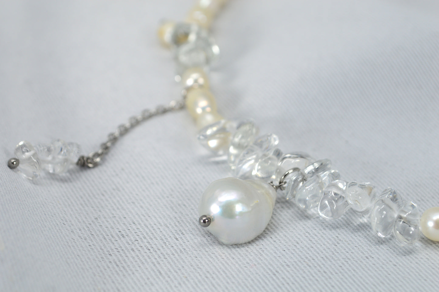 Freshwater Pearl & Clear Crystal Necklace – 17" Silver Stainless Steel Accent Chain