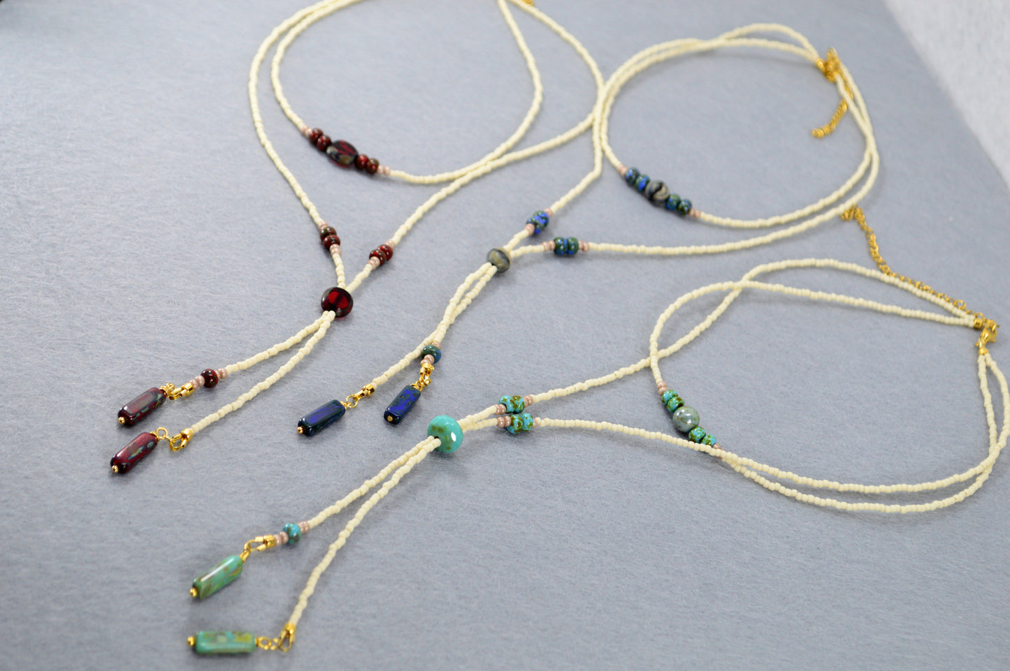 Cream Beaded Lariat Necklace with Sapphire Blue Glass Beads – Adjustable Y Necklace