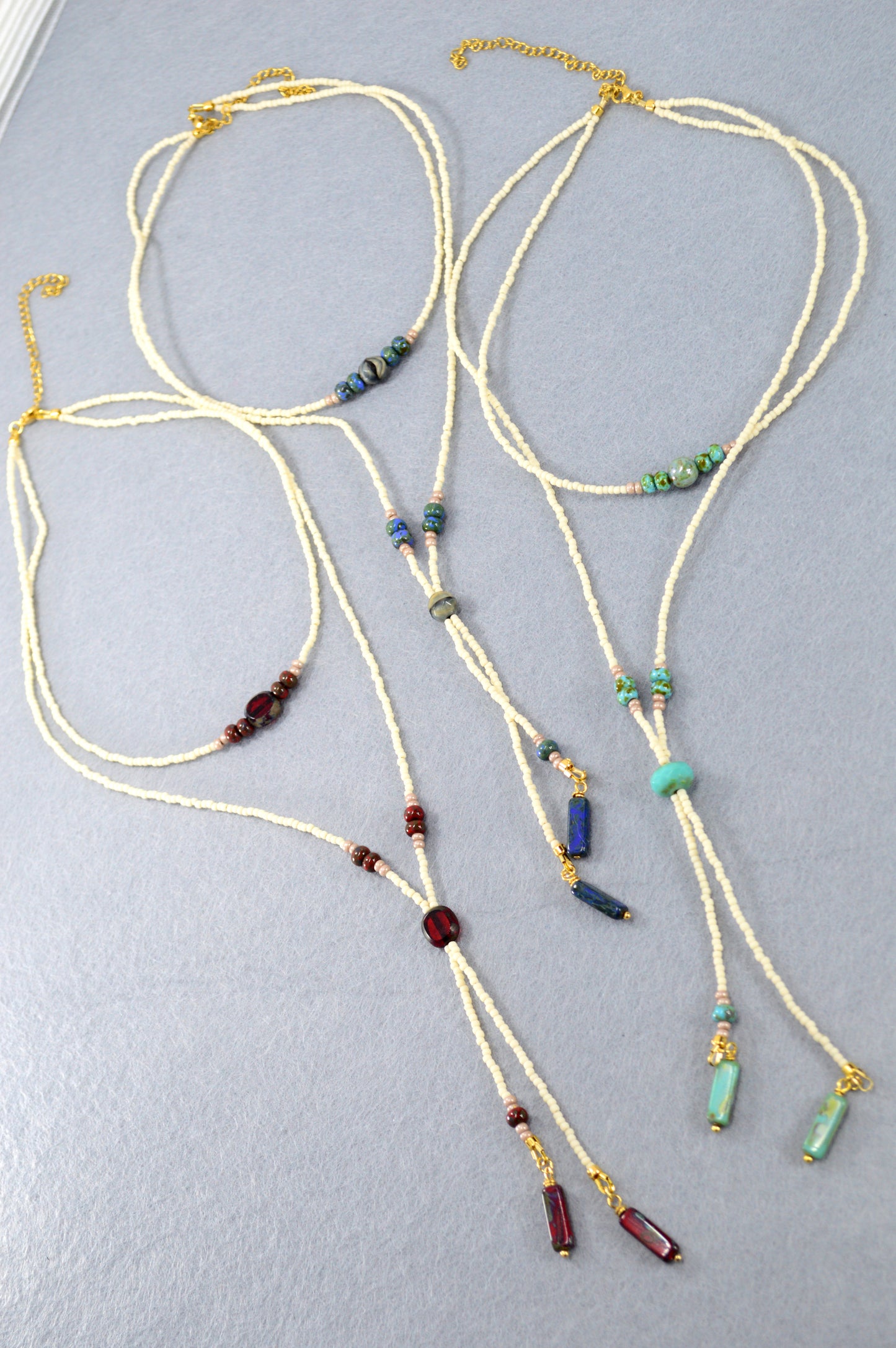 Cream Beaded Lariat Necklace with Sapphire Blue Glass Beads – Adjustable Y Necklace