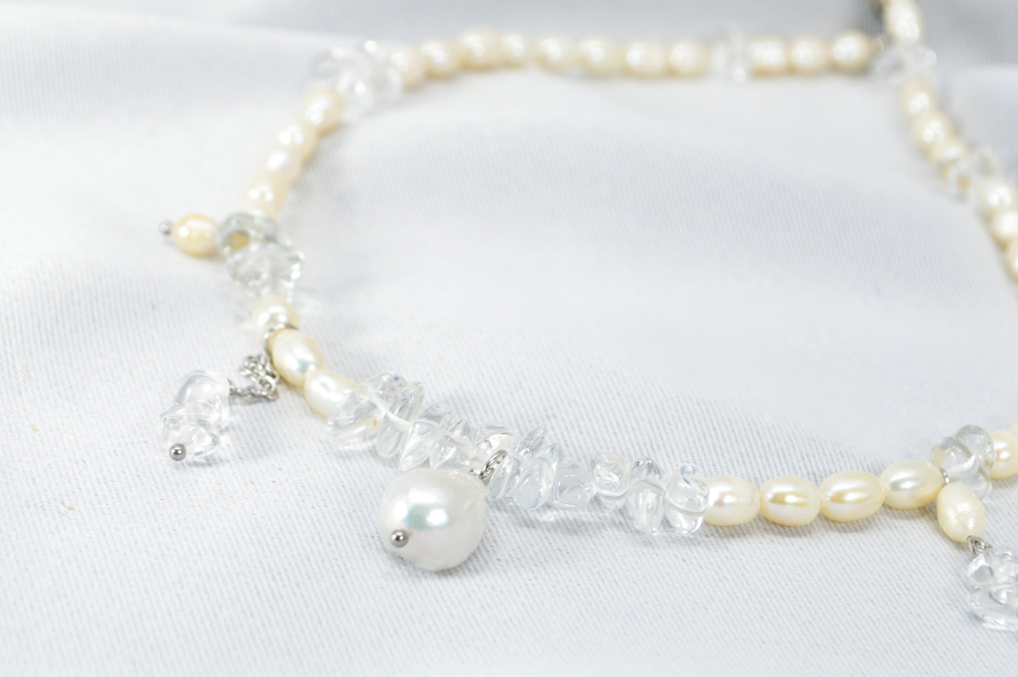 Freshwater Pearl & Clear Crystal Necklace – 17" Silver Stainless Steel Accent Chain