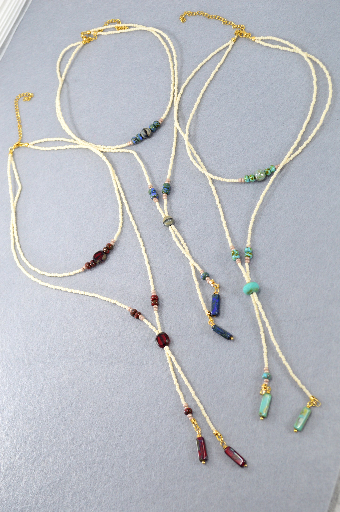 Cream Beaded Lariat Necklace with Sapphire Blue Glass Beads – Adjustable Y Necklace