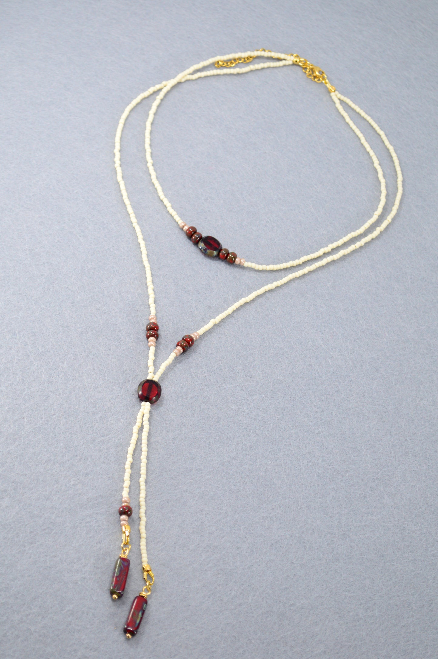 Cream Beaded Lariat Necklace with Burgundy Glass Beads – Adjustable Y Necklace