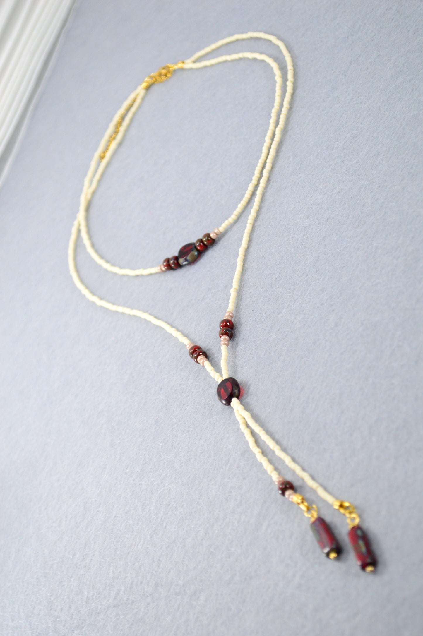 Cream Beaded Lariat Necklace with Burgundy Glass Beads – Adjustable Y Necklace