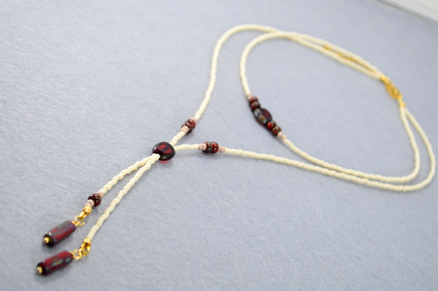 Cream Beaded Lariat Necklace with Burgundy Glass Beads – Adjustable Y Necklace
