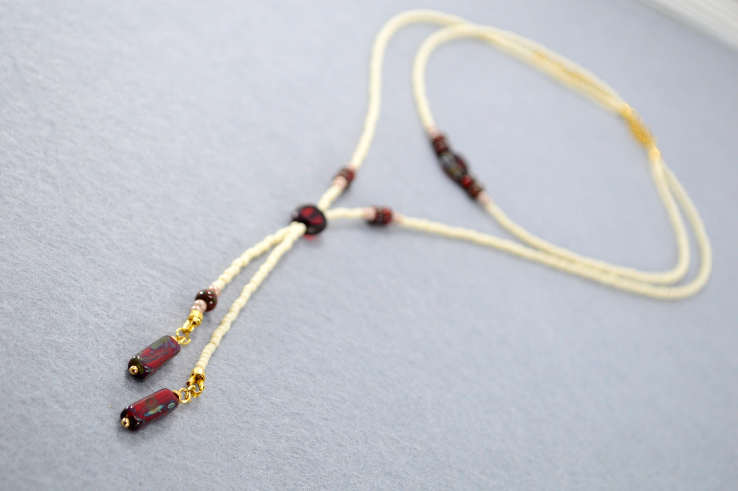 Cream Beaded Lariat Necklace with Burgundy Glass Beads – Adjustable Y Necklace