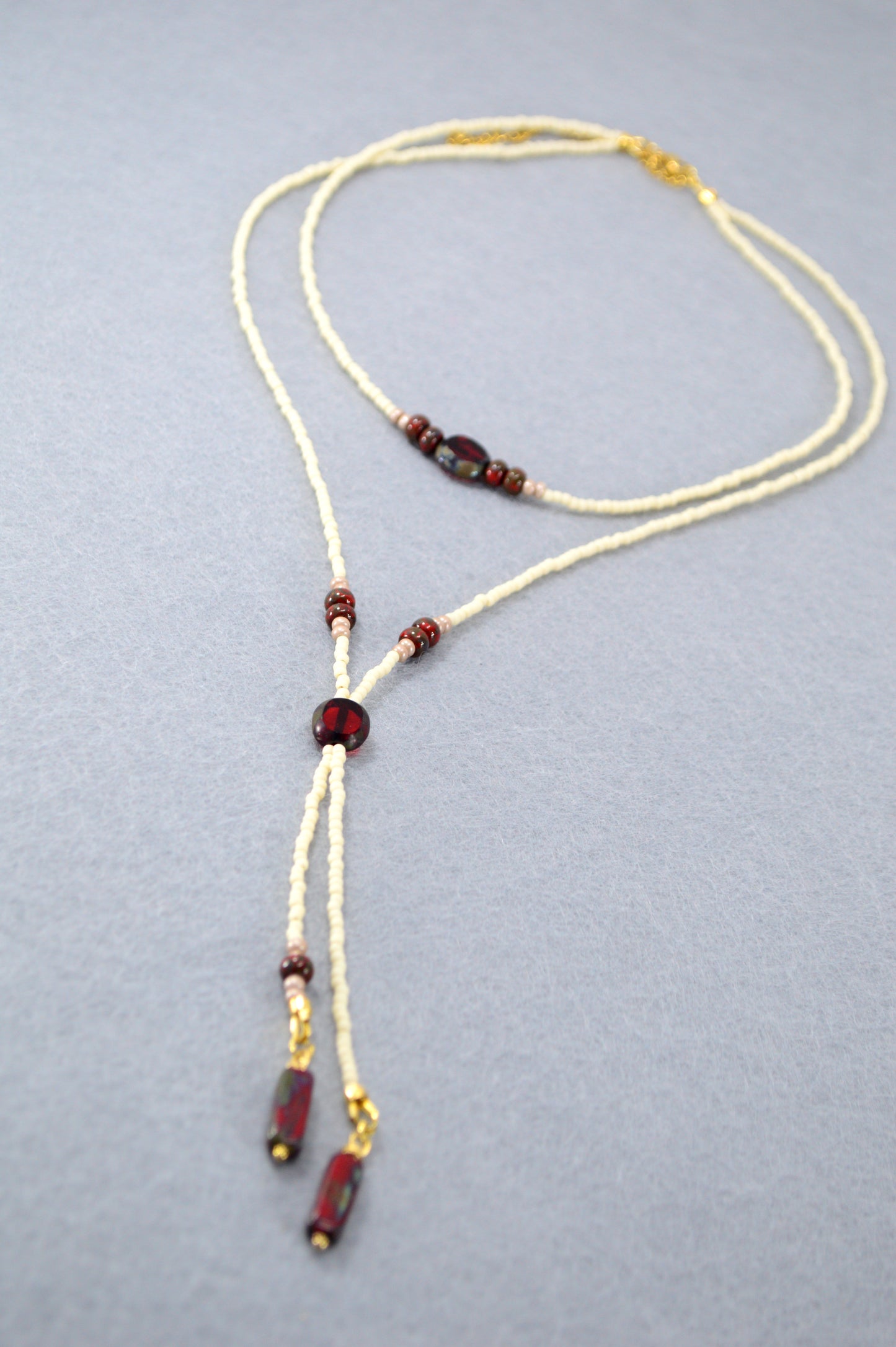 Cream Beaded Lariat Necklace with Burgundy Glass Beads – Adjustable Y Necklace