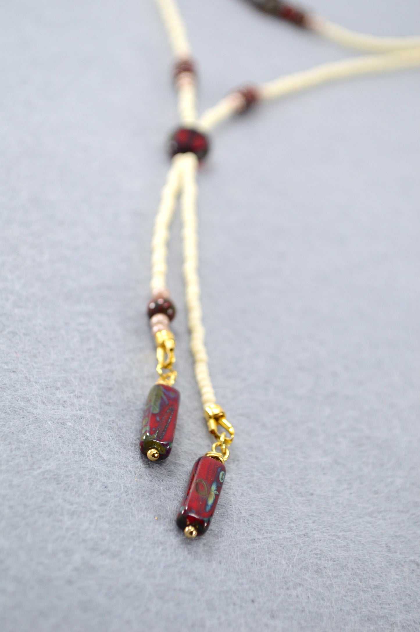 Cream Beaded Lariat Necklace with Burgundy Glass Beads – Adjustable Y Necklace