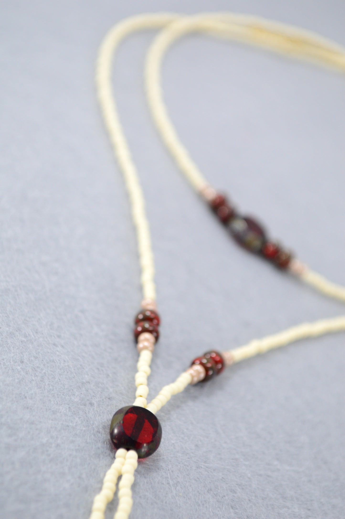 Cream Beaded Lariat Necklace with Burgundy Glass Beads – Adjustable Y Necklace