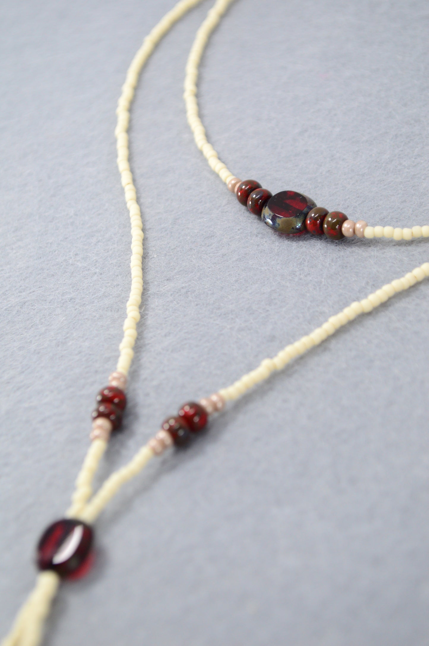 Cream Beaded Lariat Necklace with Burgundy Glass Beads – Adjustable Y Necklace