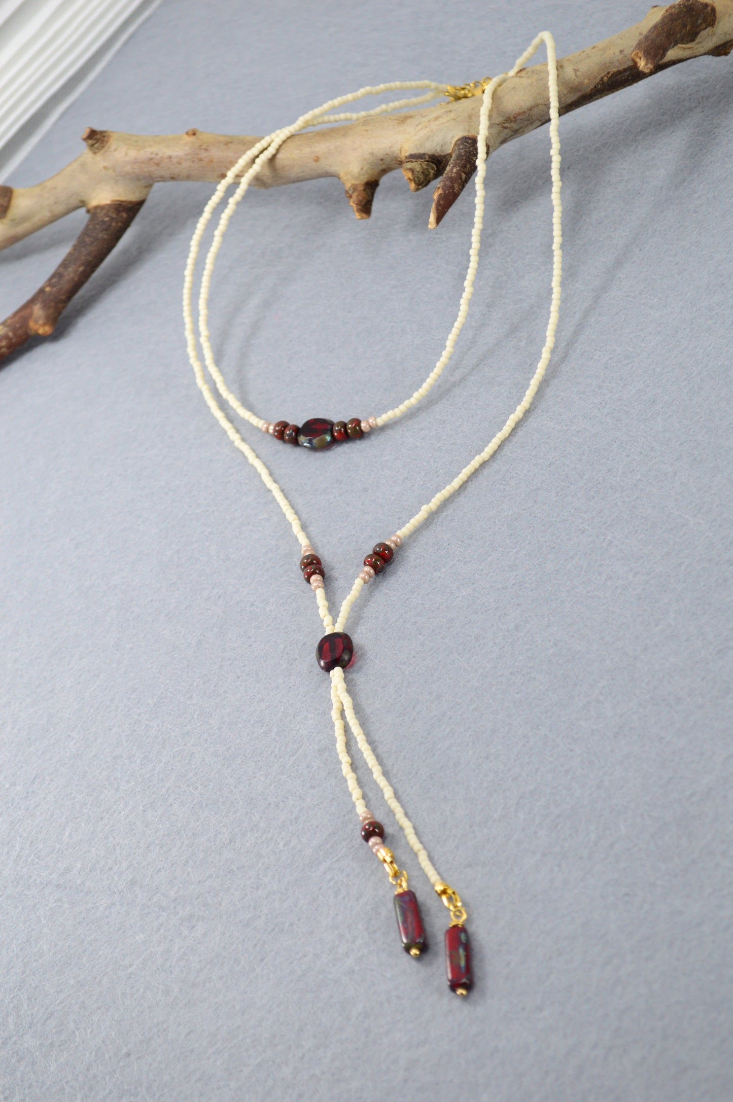 Cream Beaded Lariat Necklace with Burgundy Glass Beads – Adjustable Y Necklace