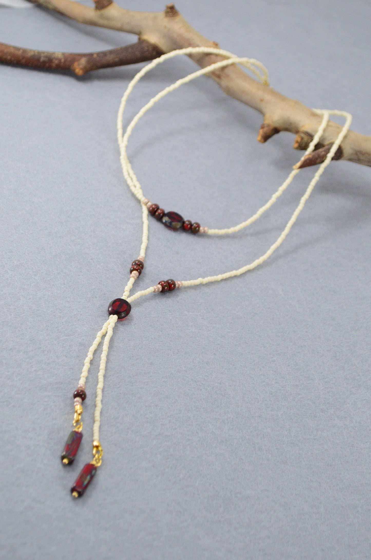 Cream Beaded Lariat Necklace with Burgundy Glass Beads – Adjustable Y Necklace