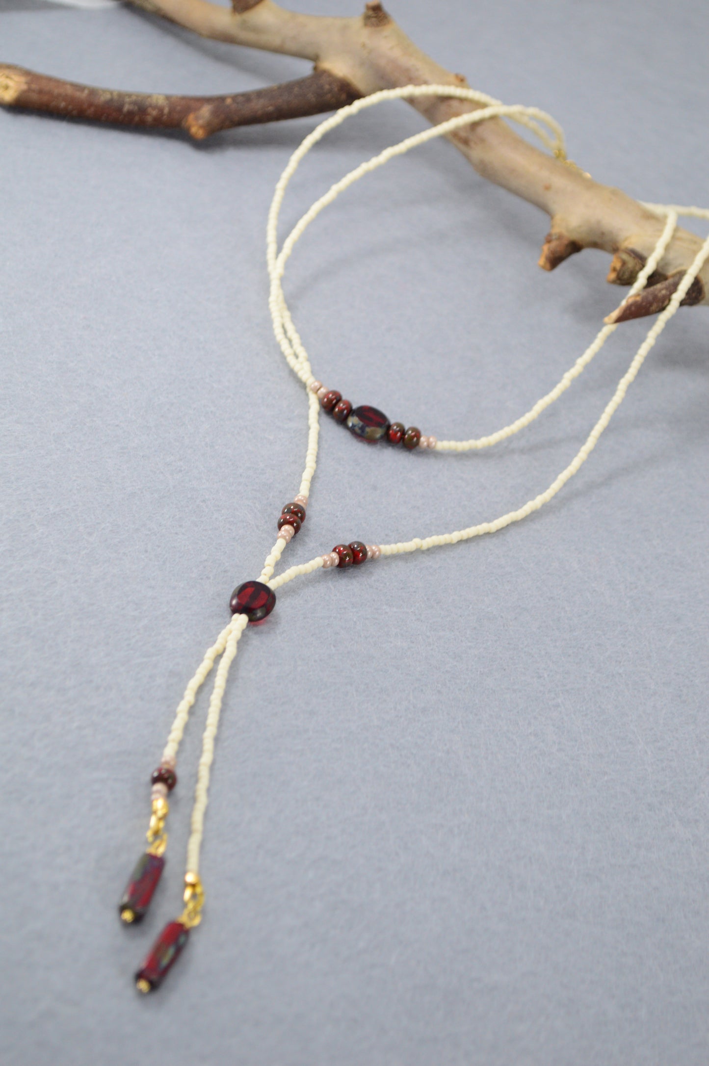 Cream Beaded Lariat Necklace with Burgundy Glass Beads – Adjustable Y Necklace