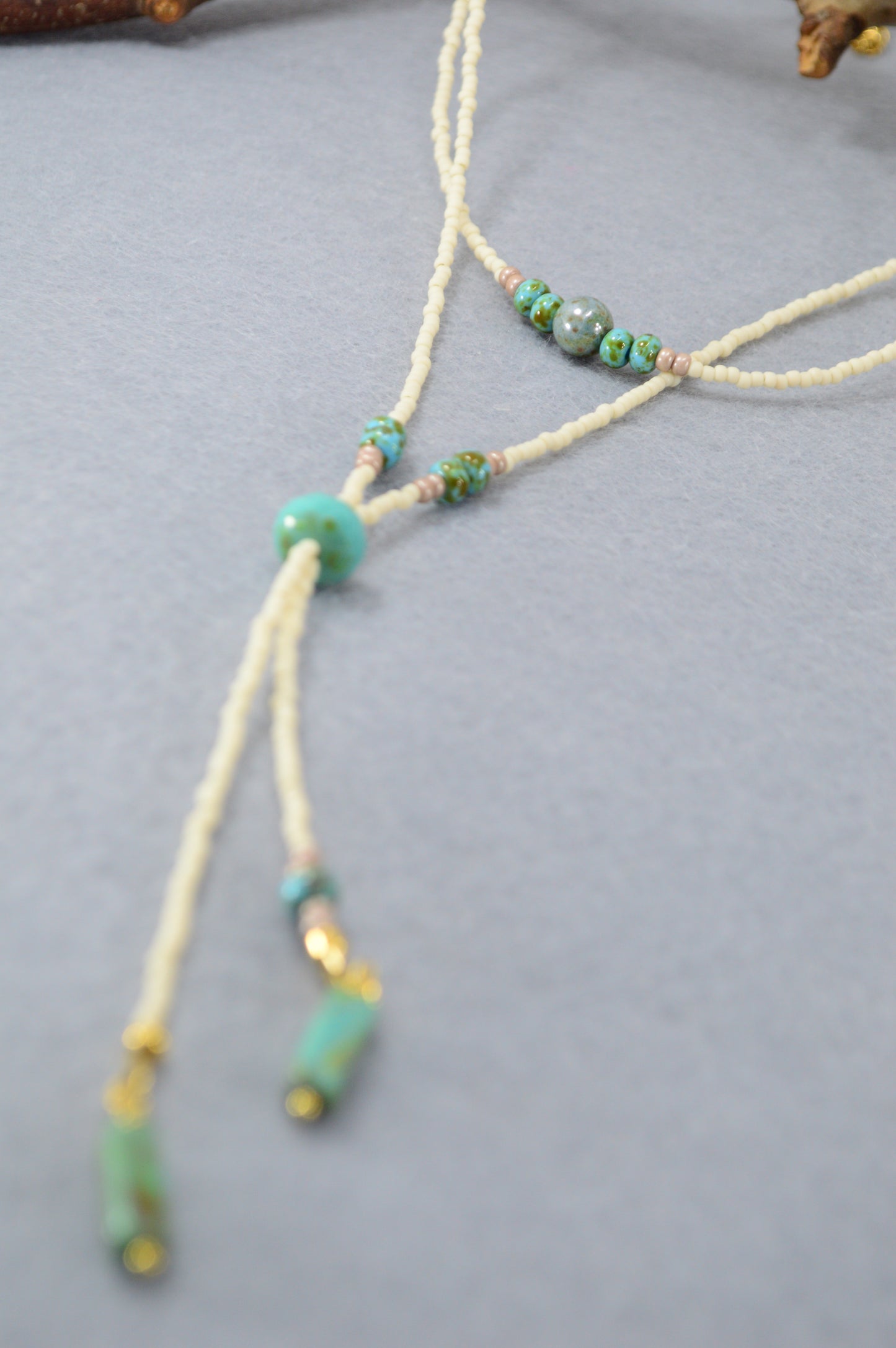 Turquoise Beaded Lariat Necklace – Adjustable Boho Y Necklace with Czech Glass Beads
