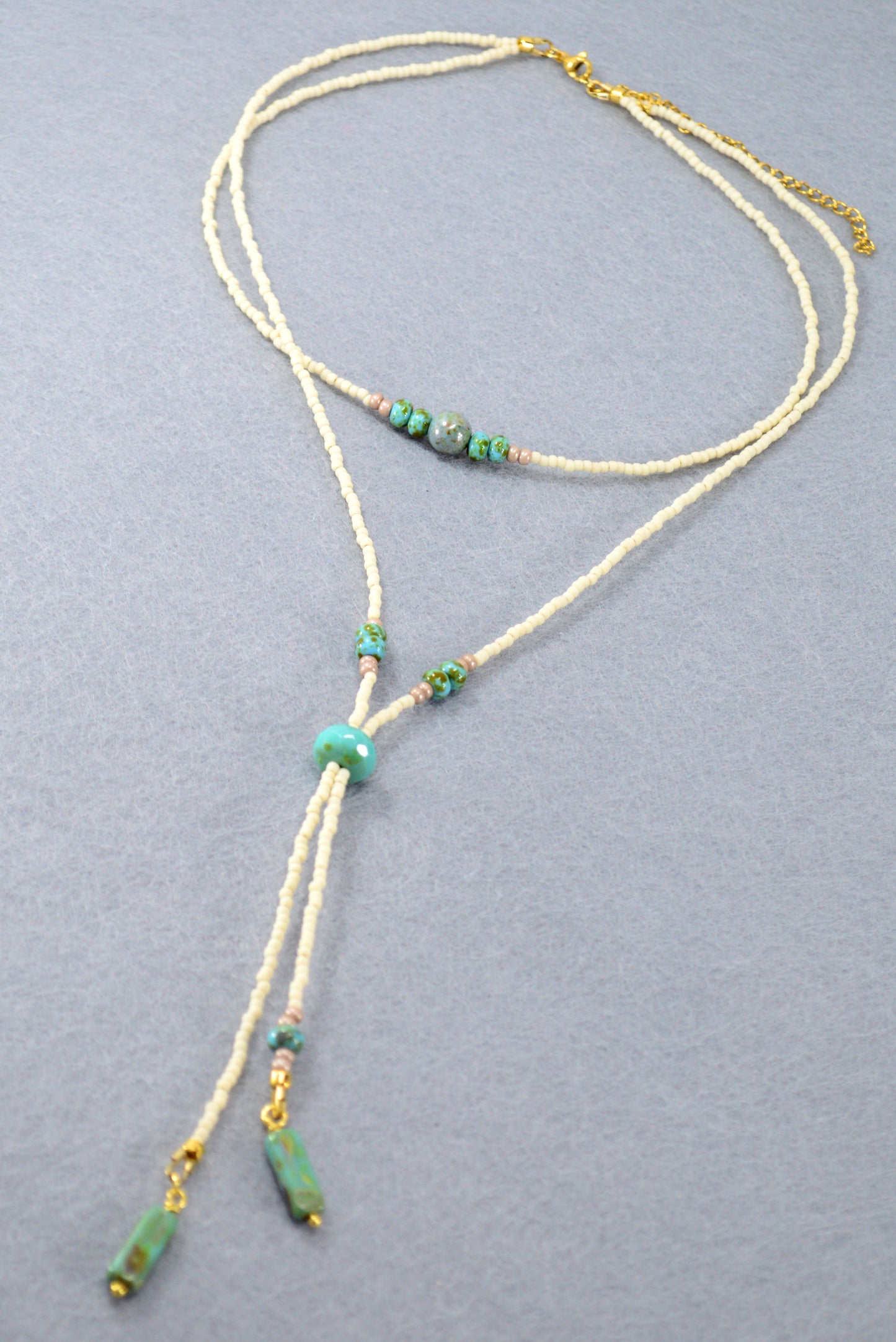 Turquoise Beaded Lariat Necklace – Adjustable Boho Y Necklace with Czech Glass Beads