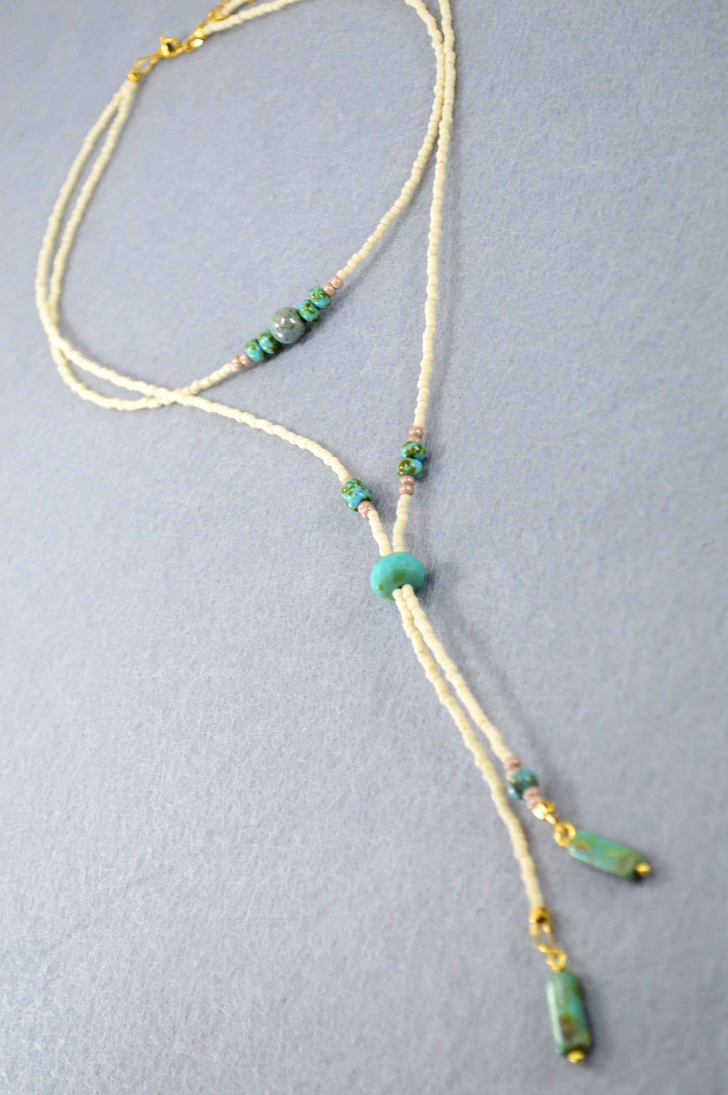 Turquoise Beaded Lariat Necklace – Adjustable Boho Y Necklace with Czech Glass Beads