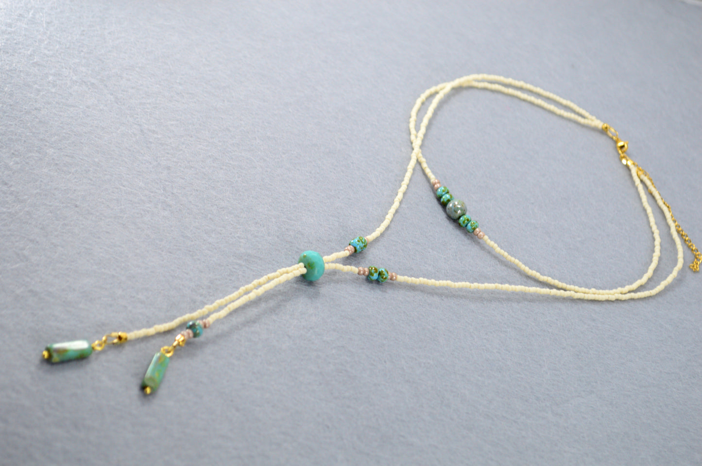 Turquoise Beaded Lariat Necklace – Adjustable Boho Y Necklace with Czech Glass Beads