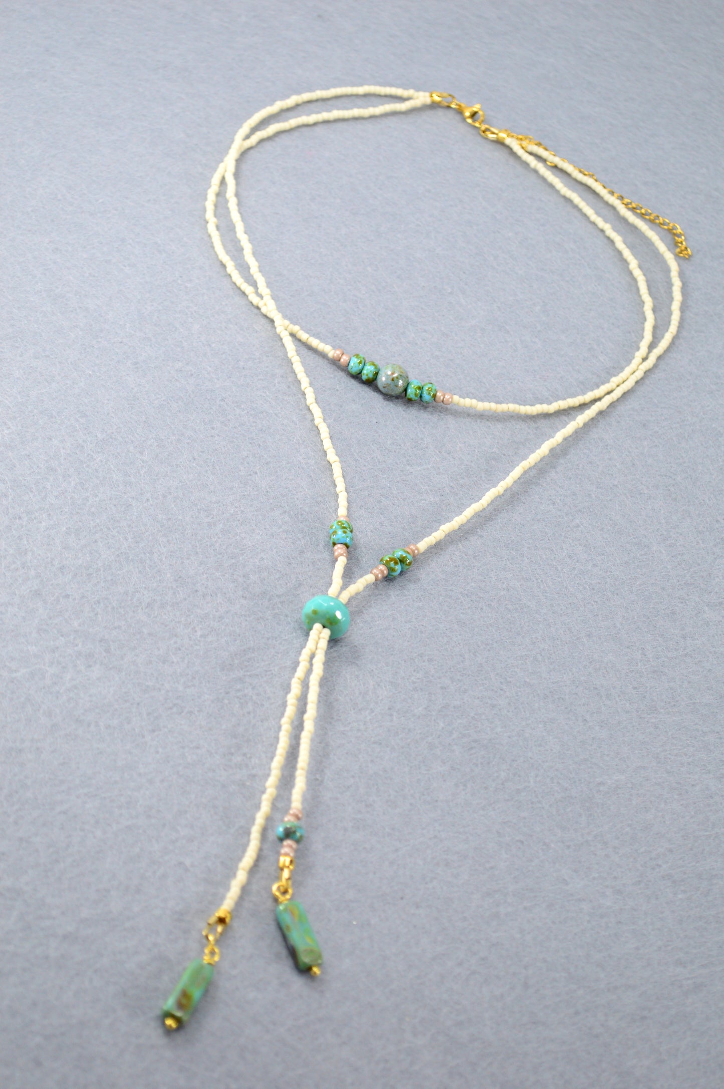 Turquoise Beaded Lariat Necklace – Adjustable Boho Y Necklace with Czech Glass Beads