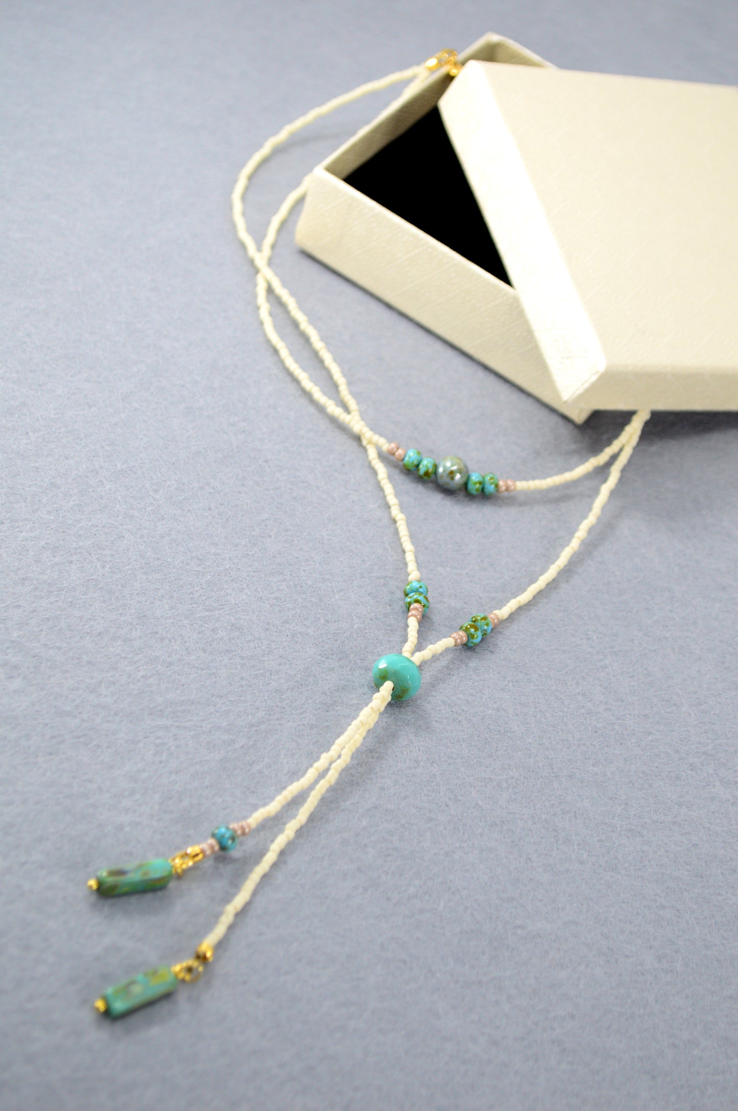 Turquoise Beaded Lariat Necklace – Adjustable Boho Y Necklace with Czech Glass Beads