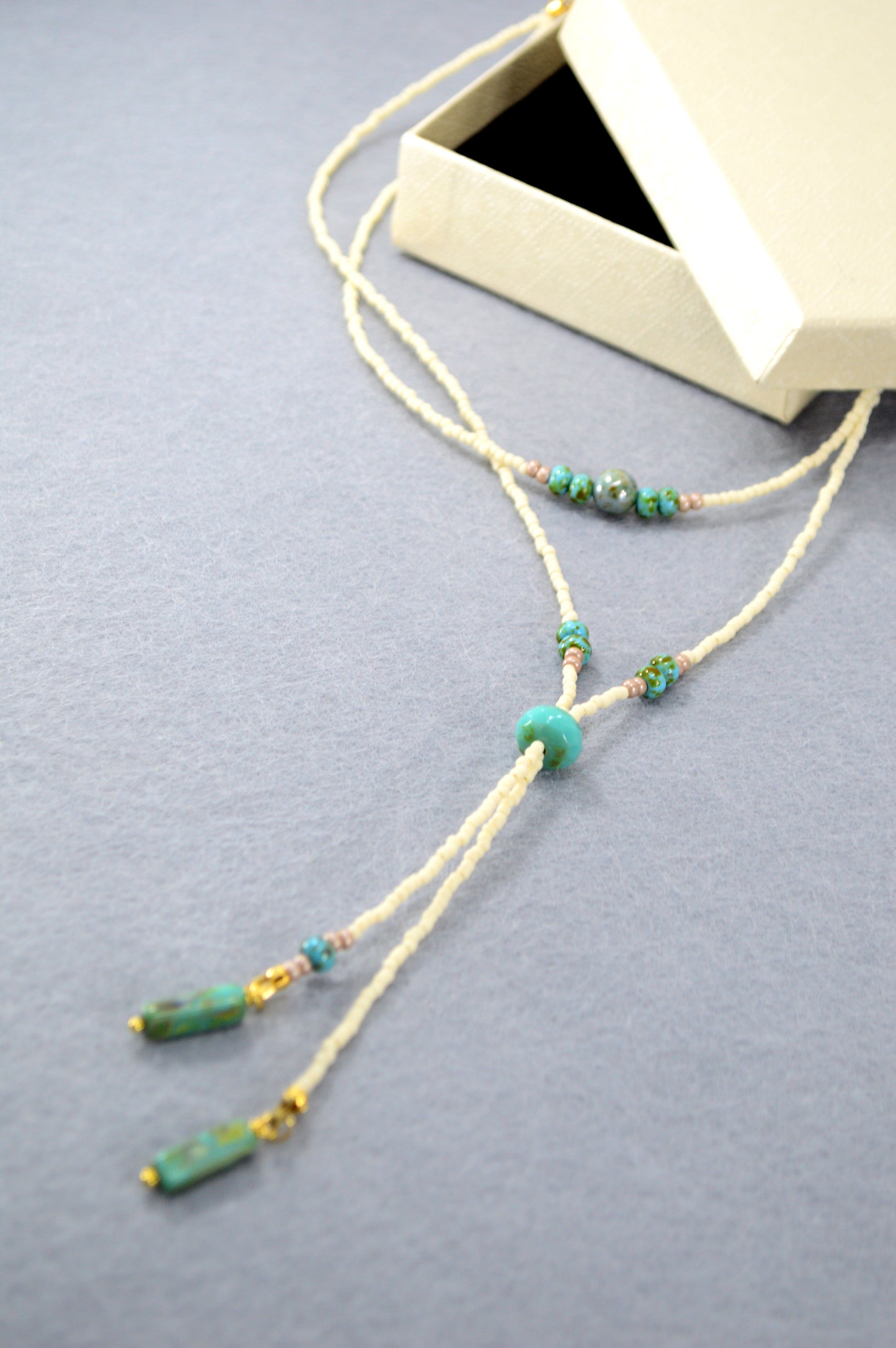 Turquoise Beaded Lariat Necklace – Adjustable Boho Y Necklace with Czech Glass Beads