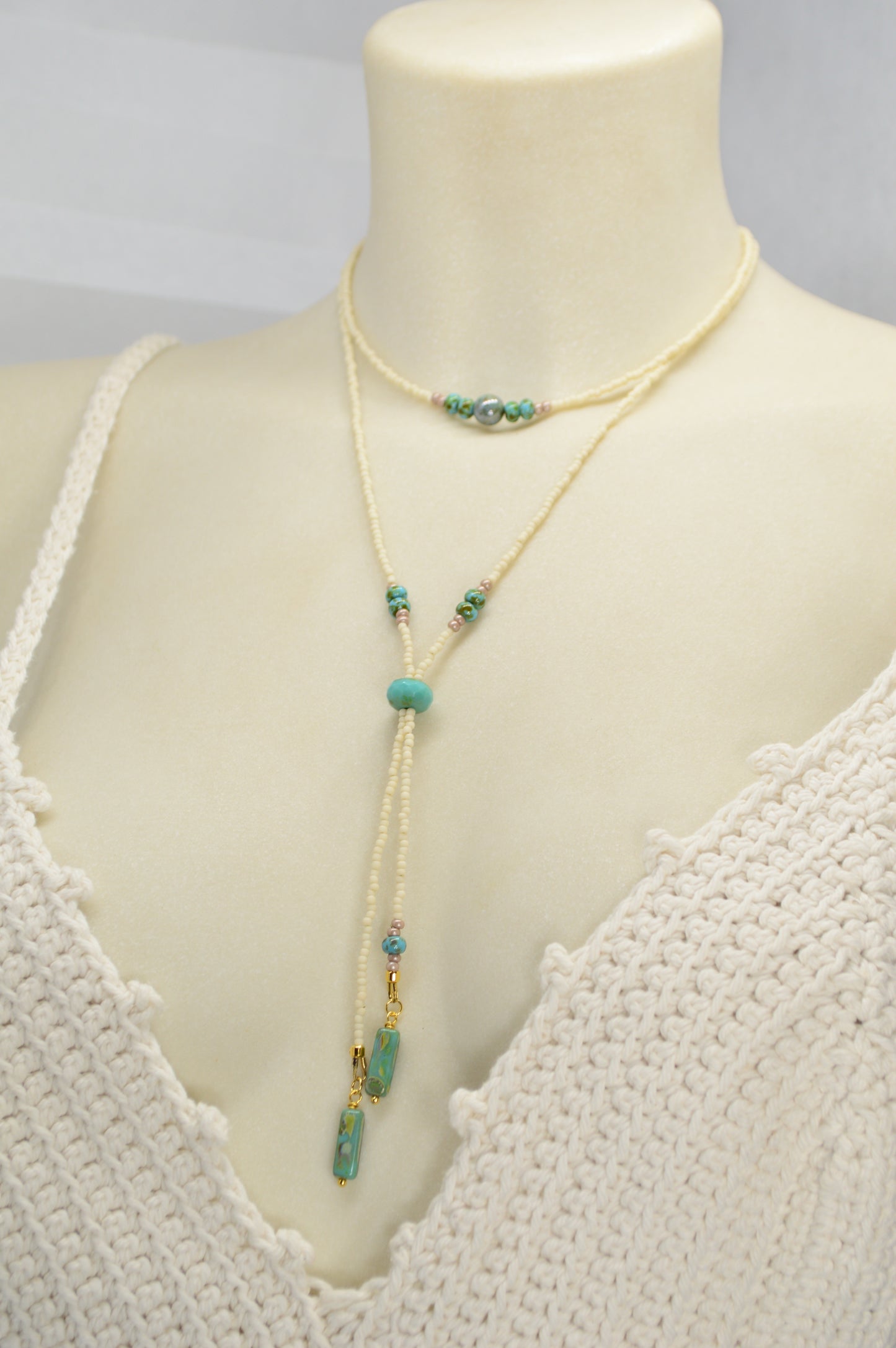 Turquoise Beaded Lariat Necklace – Adjustable Boho Y Necklace with Czech Glass Beads