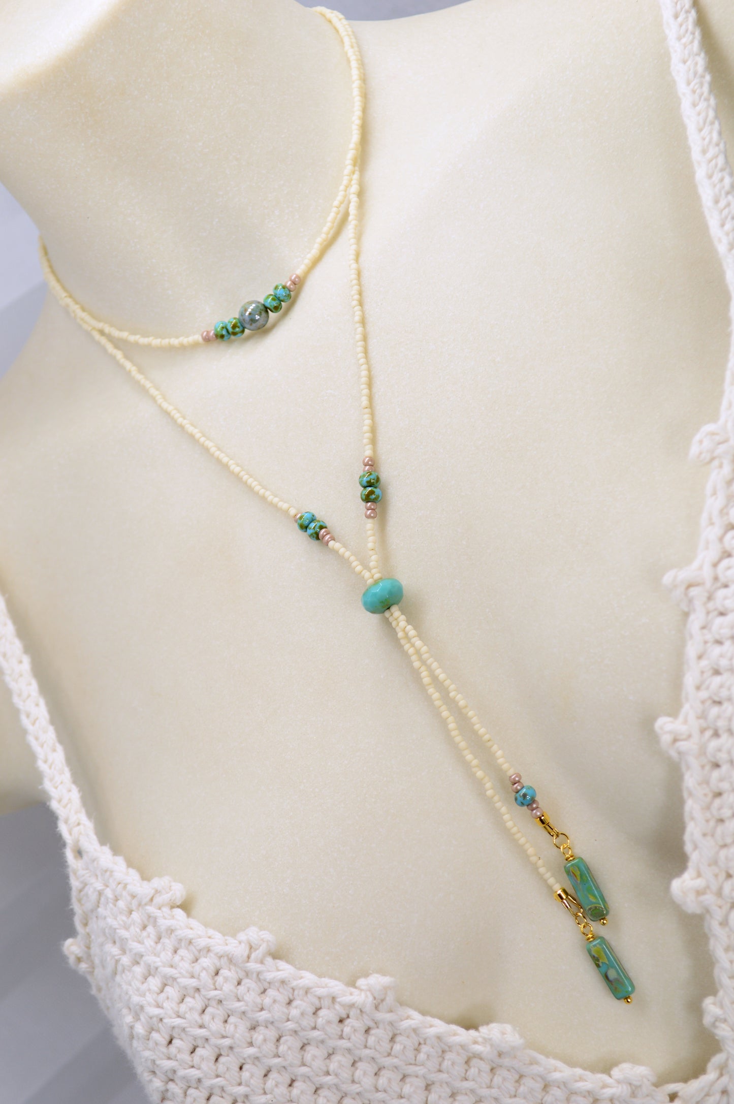 Turquoise Beaded Lariat Necklace – Adjustable Boho Y Necklace with Czech Glass Beads