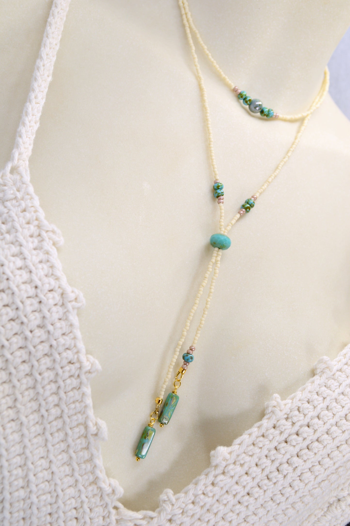 Turquoise Beaded Lariat Necklace – Adjustable Boho Y Necklace with Czech Glass Beads
