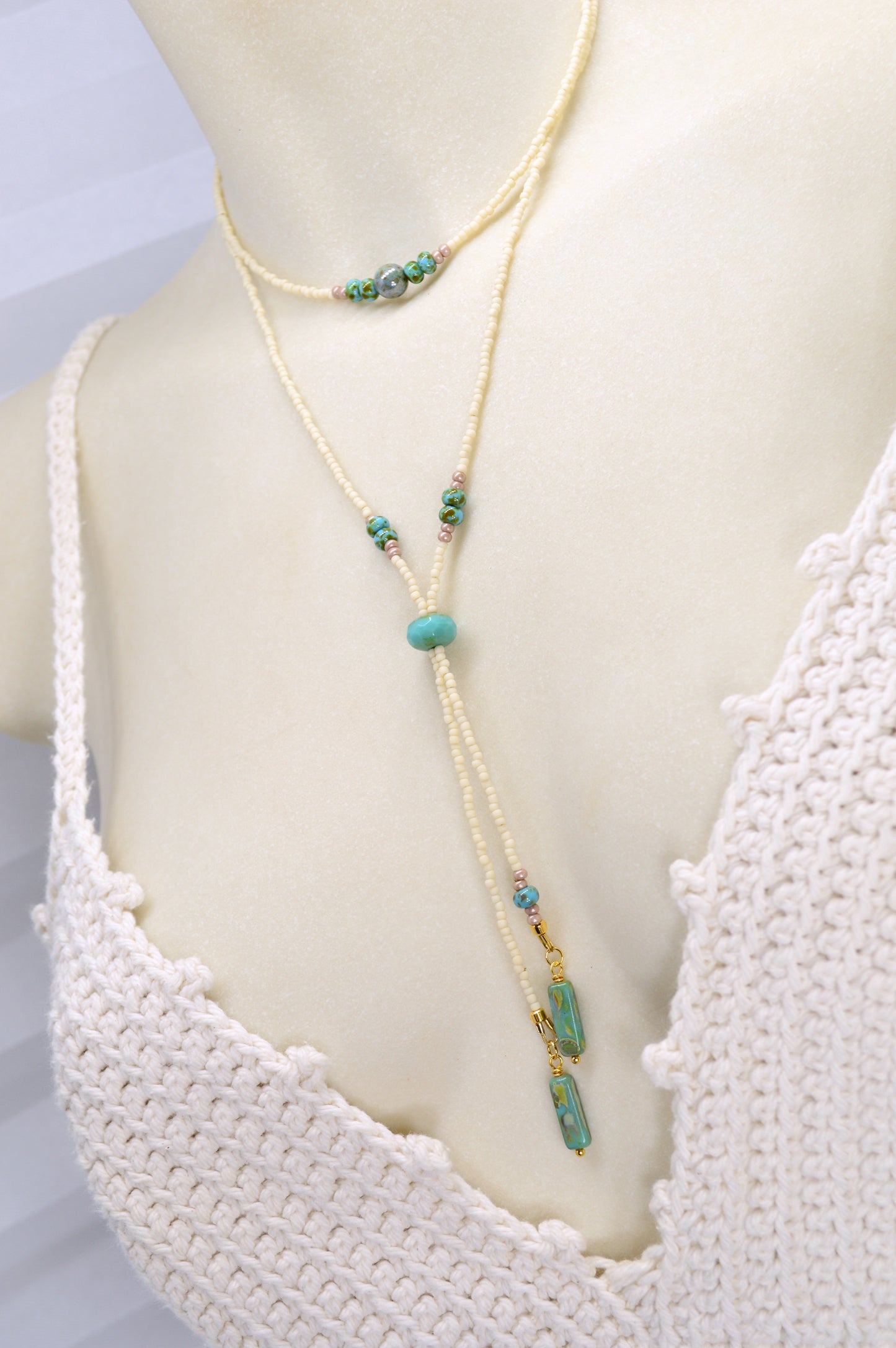 Turquoise Beaded Lariat Necklace – Adjustable Boho Y Necklace with Czech Glass Beads