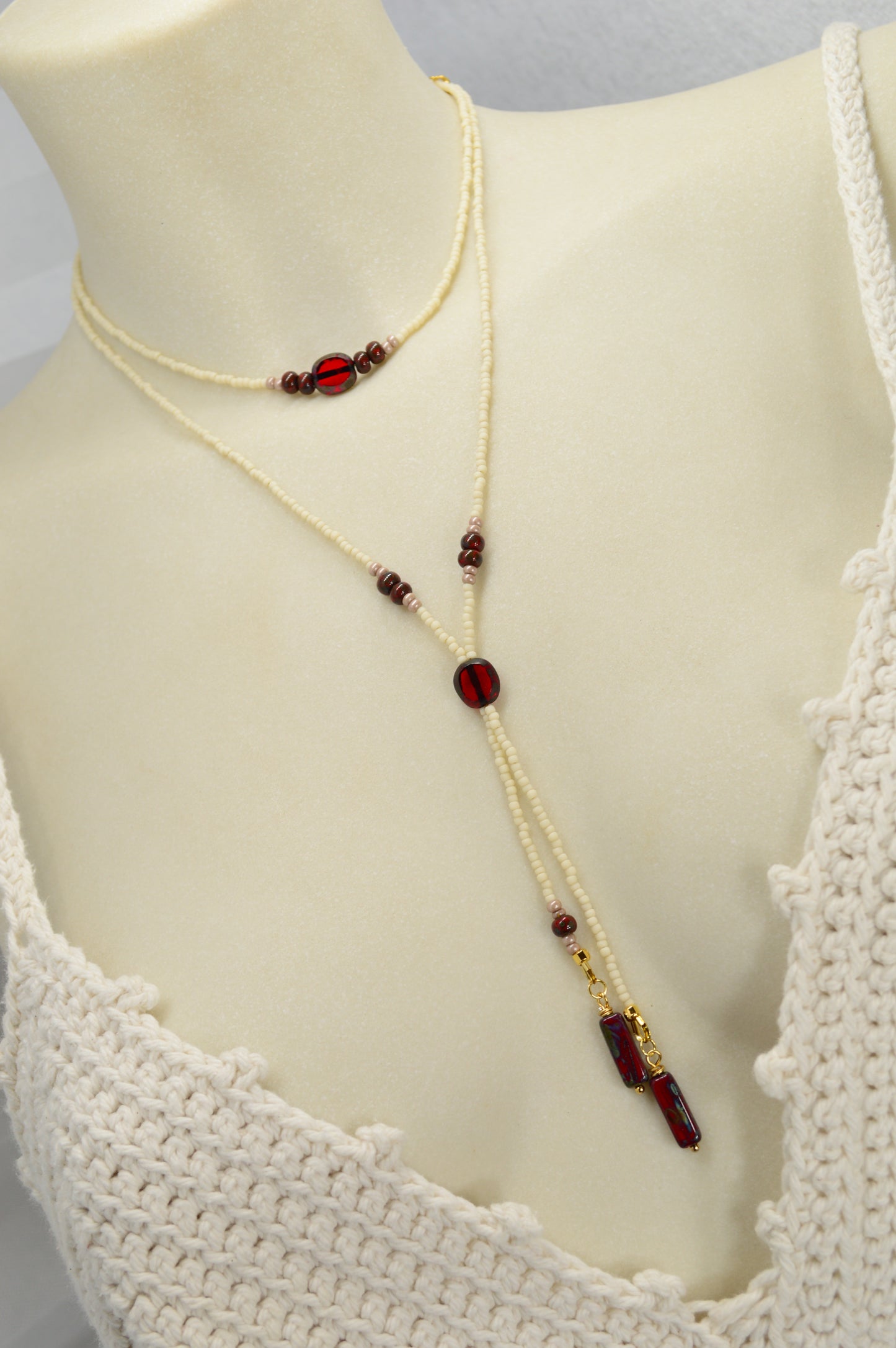 Cream Beaded Lariat Necklace with Burgundy Glass Beads – Adjustable Y Necklace