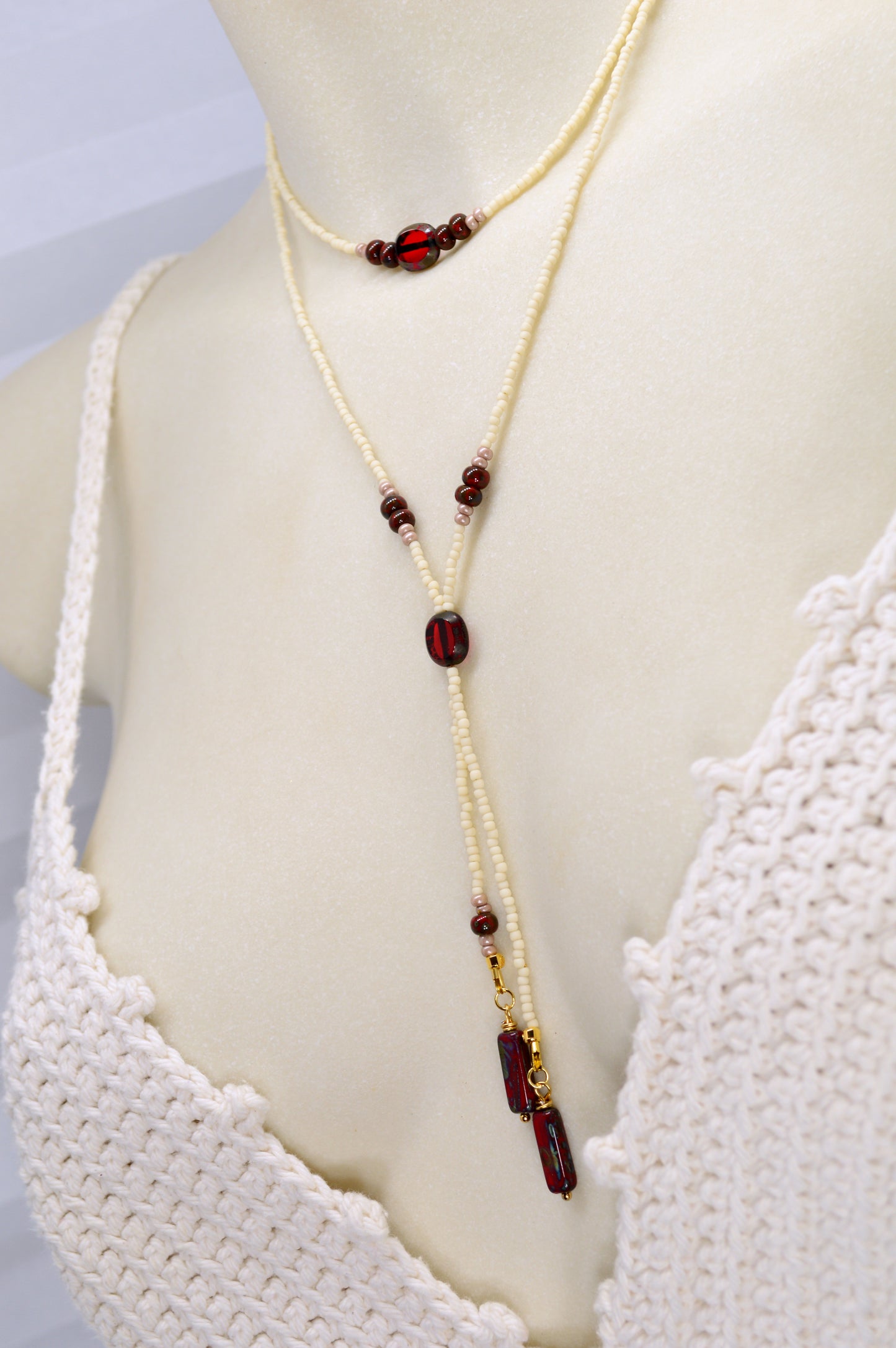 Cream Beaded Lariat Necklace with Burgundy Glass Beads – Adjustable Y Necklace