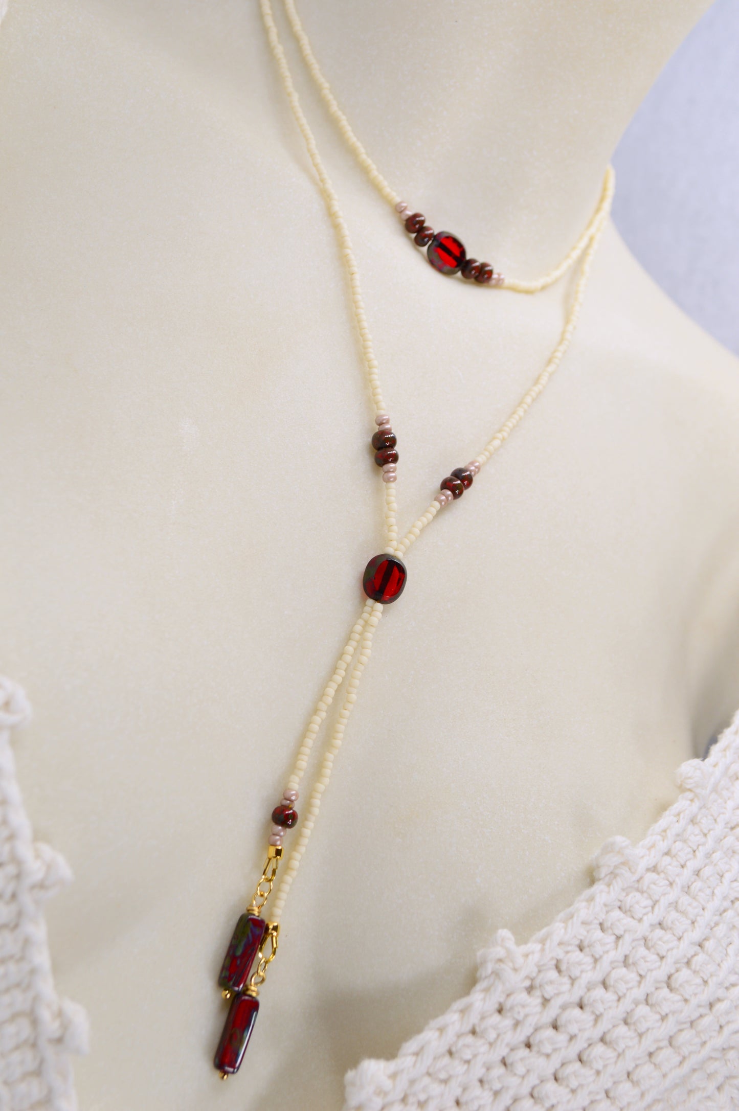 Cream Beaded Lariat Necklace with Burgundy Glass Beads – Adjustable Y Necklace