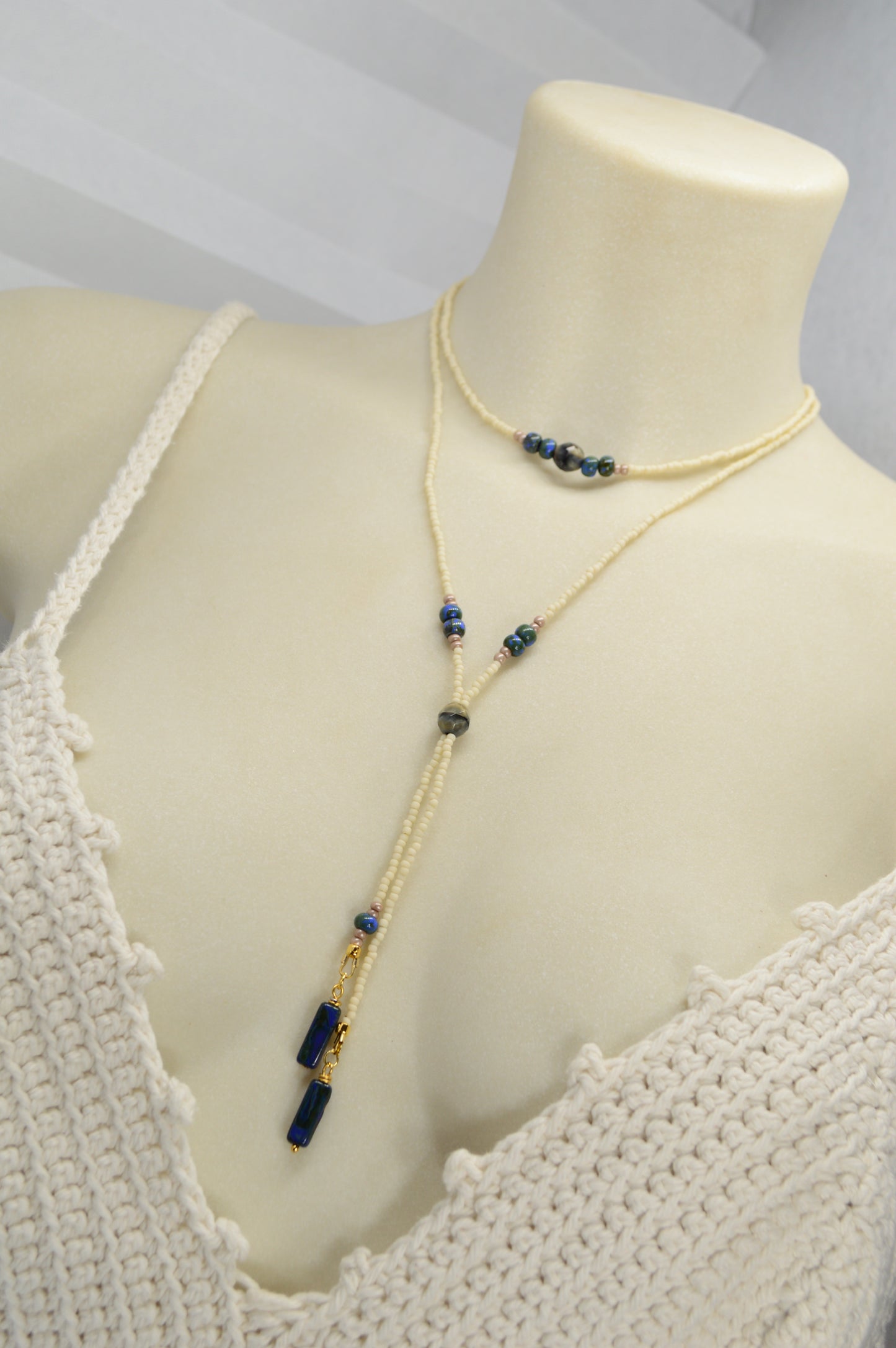 Cream Beaded Lariat Necklace with Sapphire Blue Glass Beads – Adjustable Y Necklace