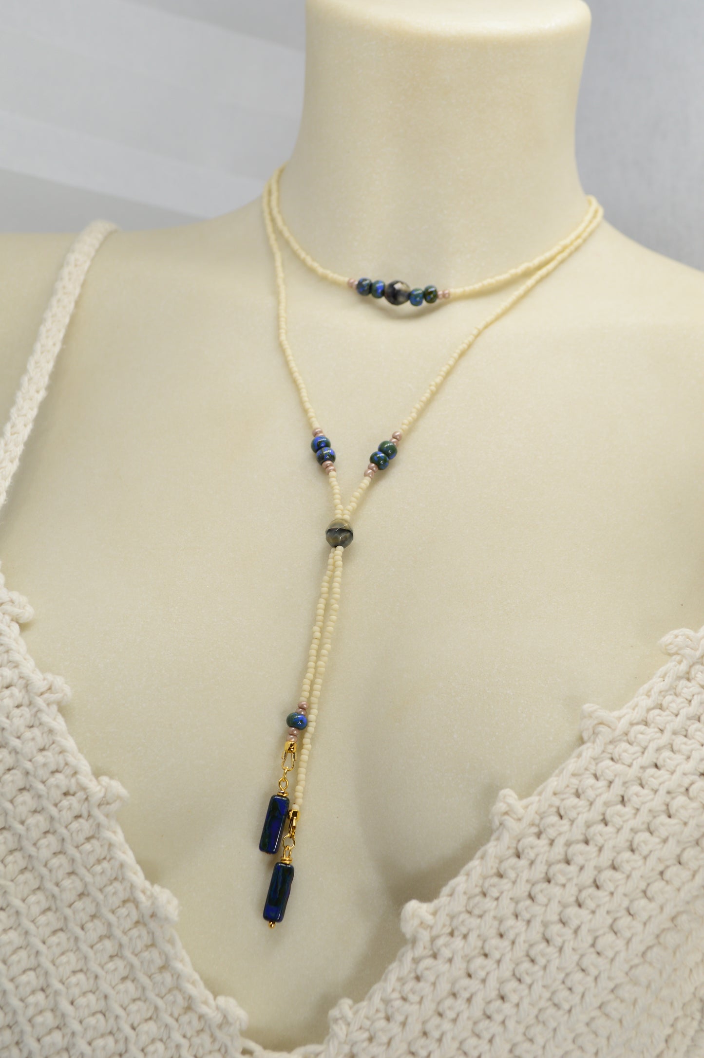 Cream Beaded Lariat Necklace with Sapphire Blue Glass Beads – Adjustable Y Necklace